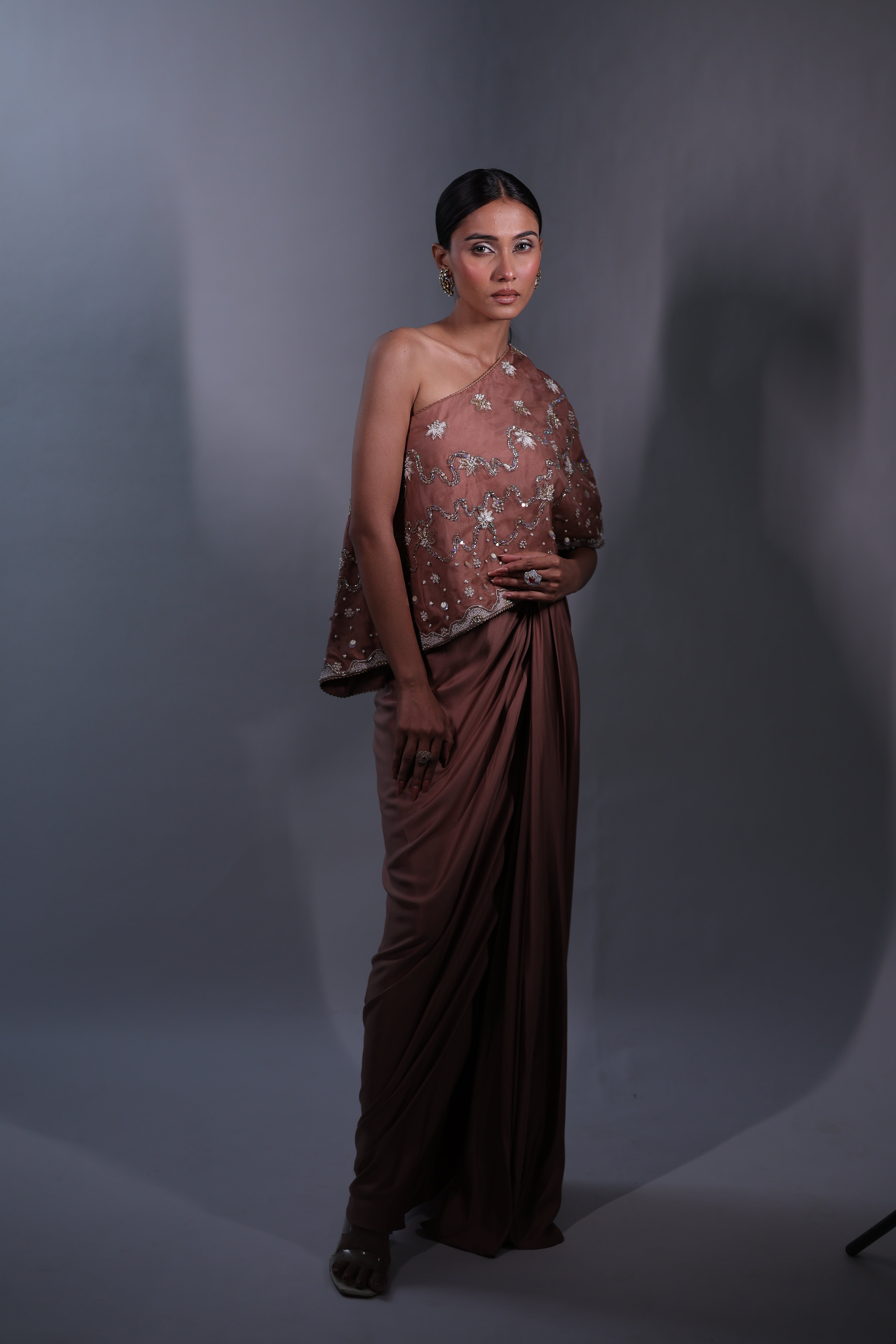 Ziya One Shoulder Cape With Bustier And Draped Skirt