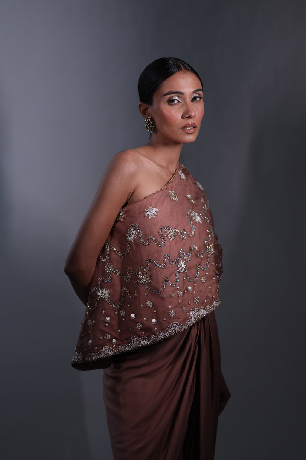 Ziya One Shoulder Cape With Bustier And Draped Skirt