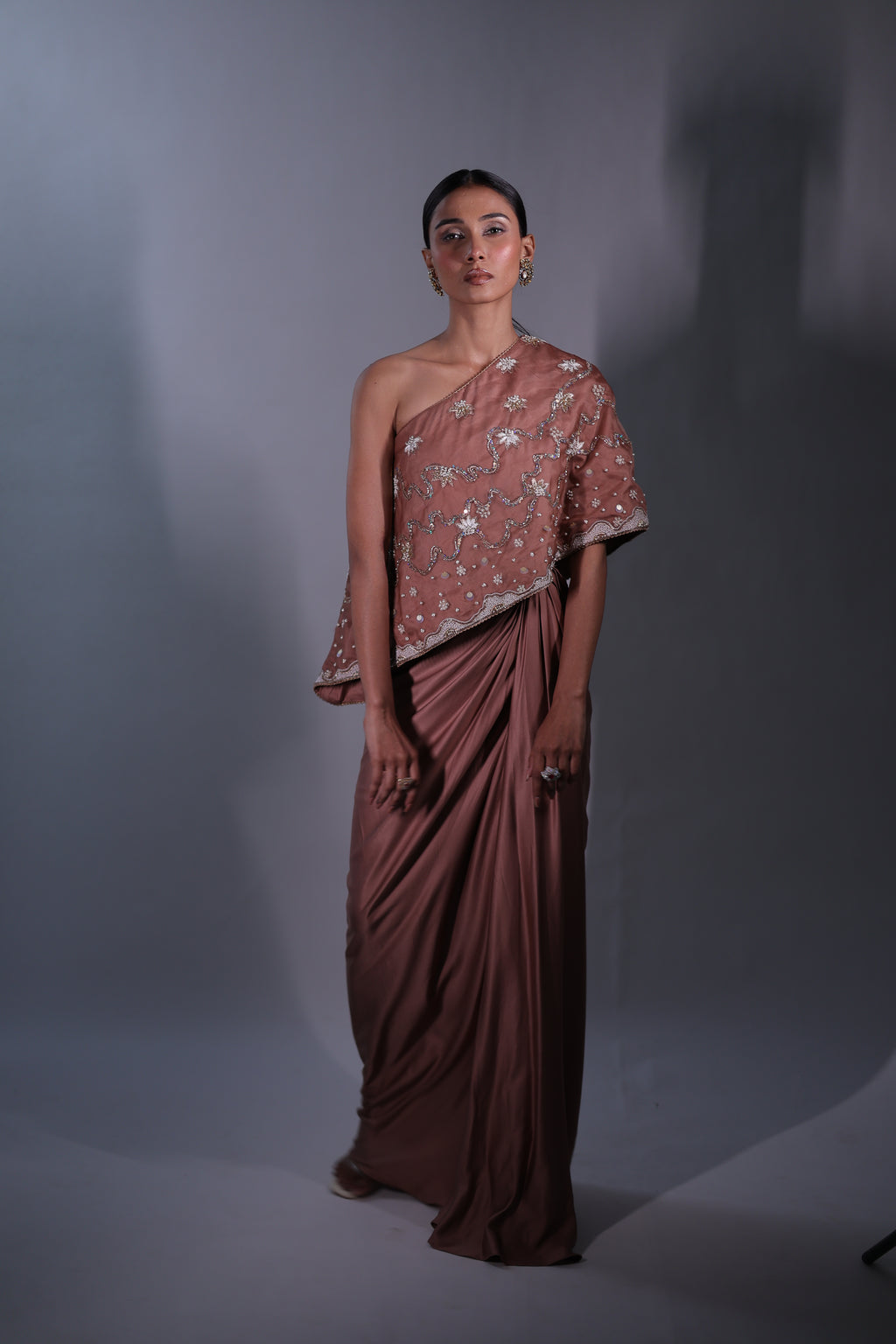 Ziya One Shoulder Cape With Bustier And Draped Skirt