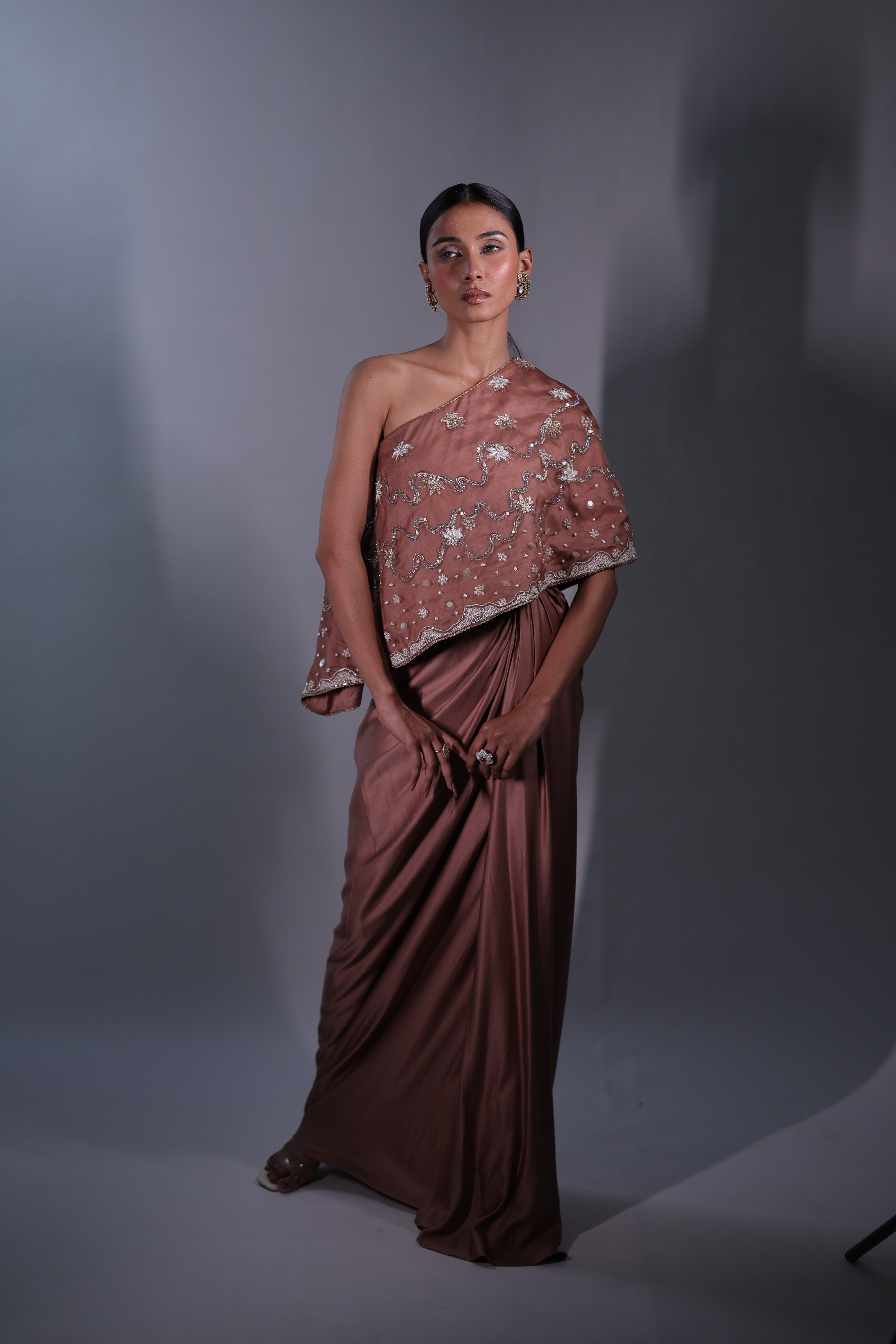 Ziya One Shoulder Cape With Bustier And Draped Skirt