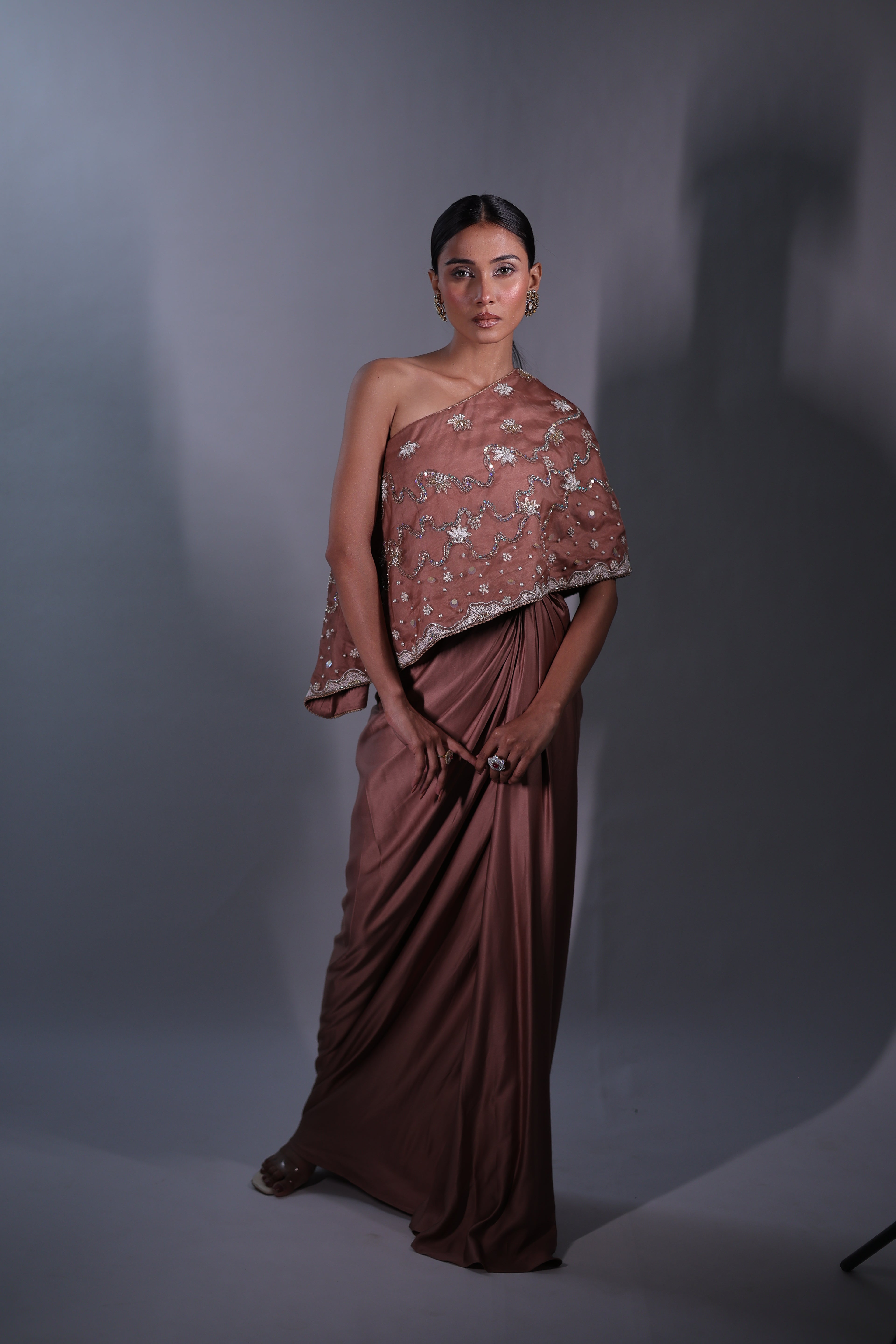 Ziya One Shoulder Cape With Bustier And Draped Skirt