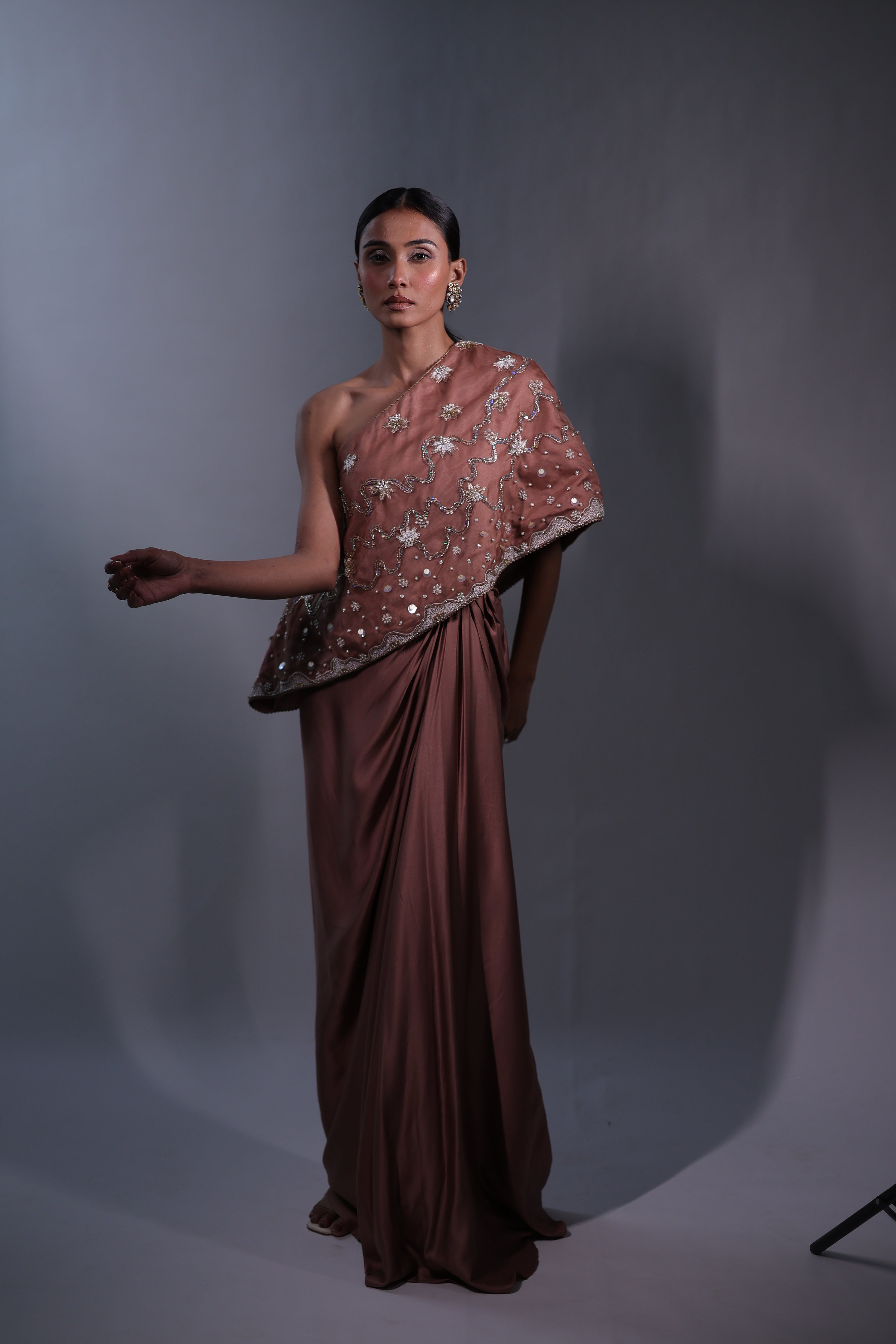 Ziya One Shoulder Cape With Bustier And Draped Skirt