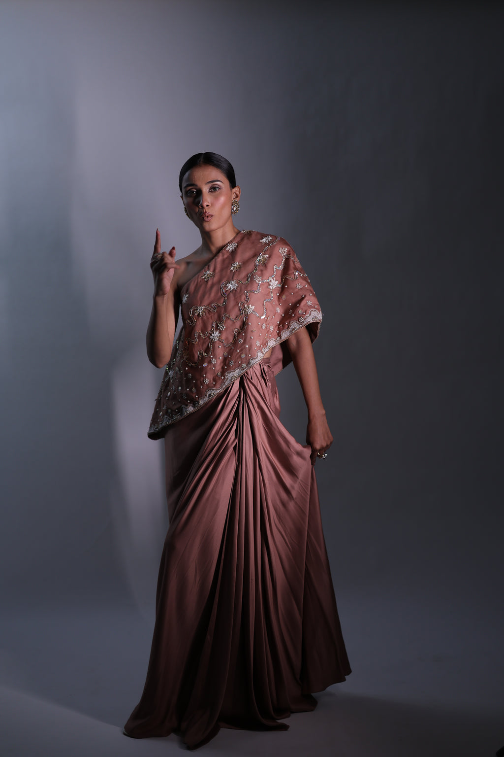 Ziya One Shoulder Cape With Bustier And Draped Skirt