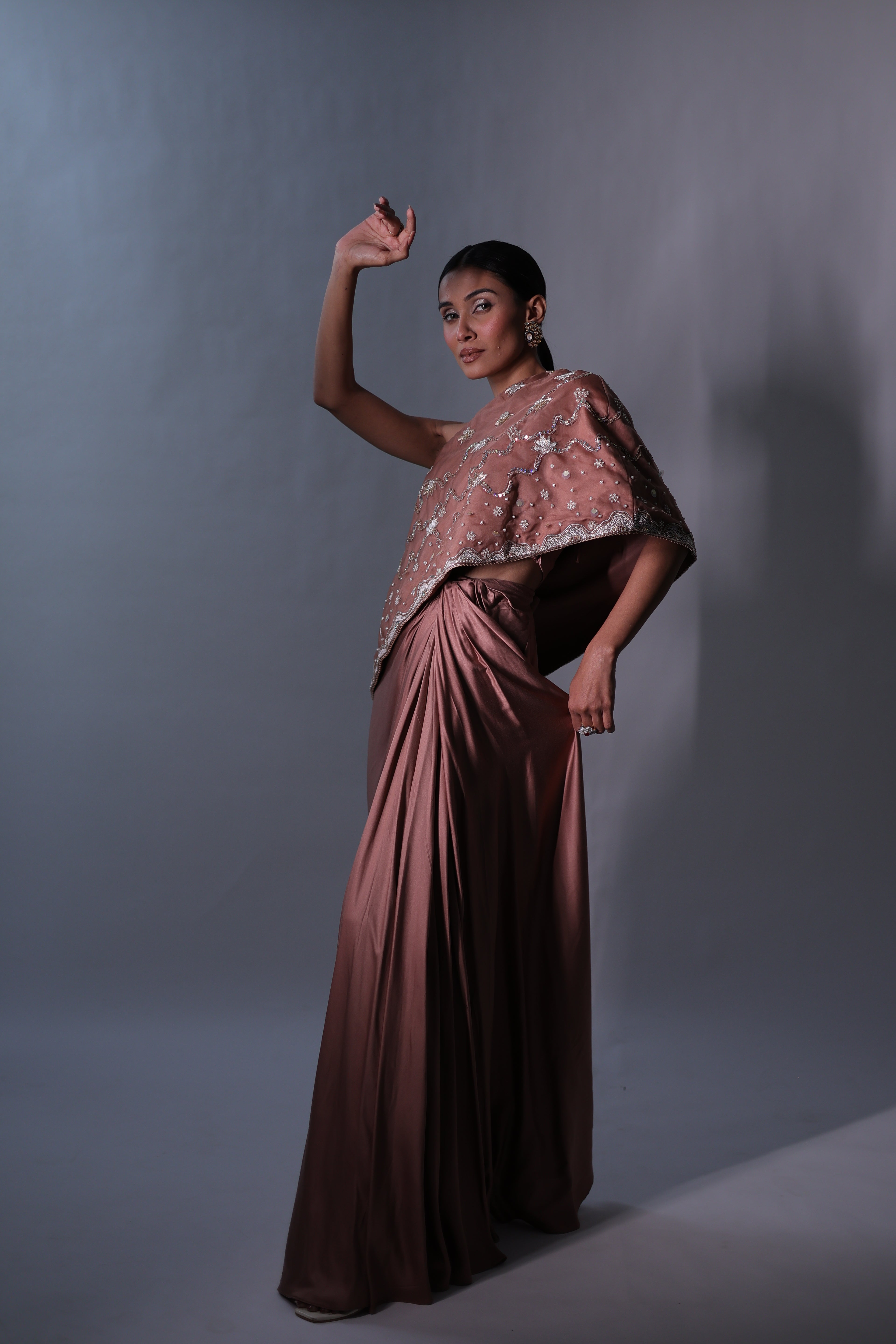 Ziya One Shoulder Cape With Bustier And Draped Skirt