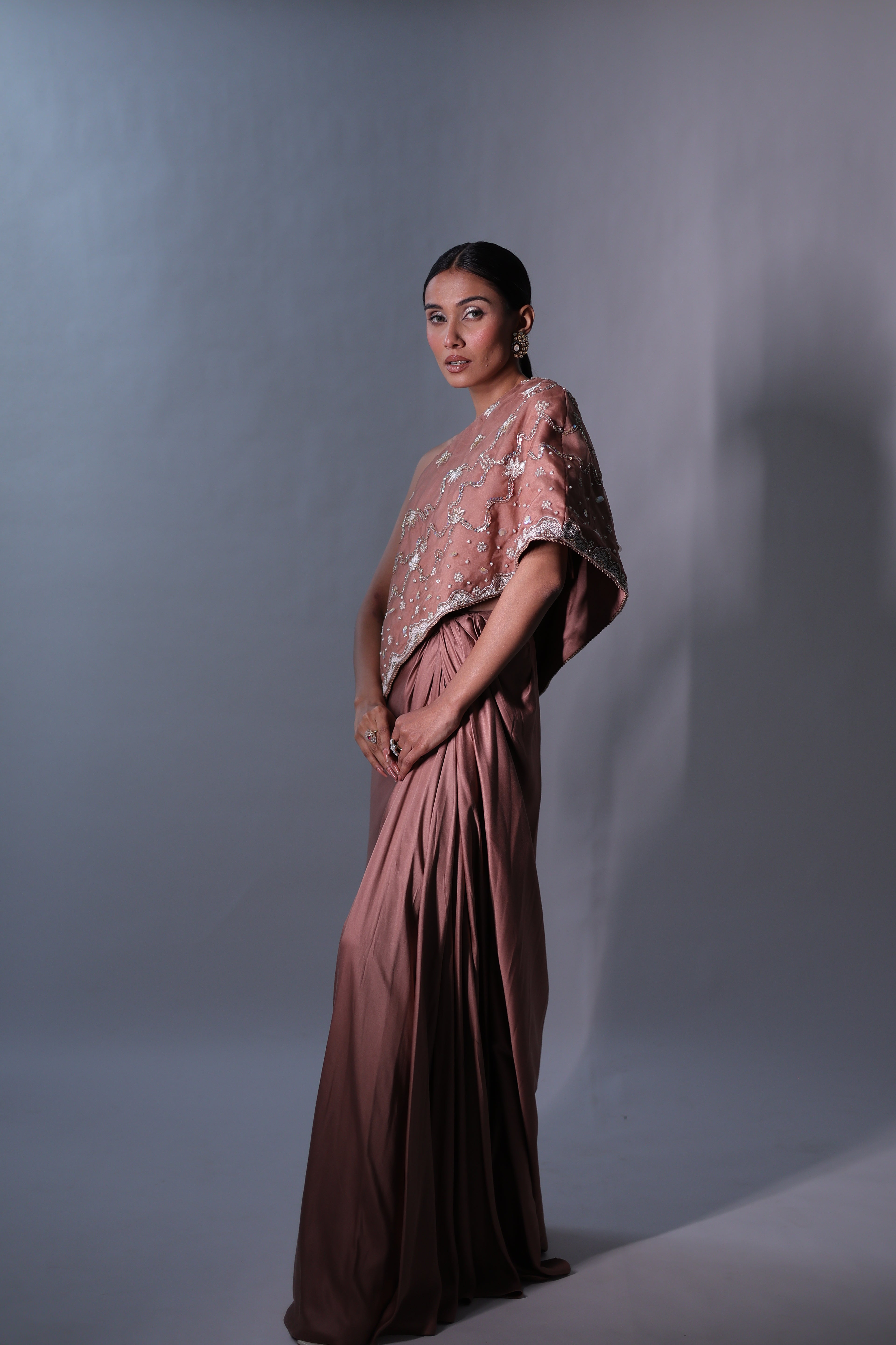 Ziya One Shoulder Cape With Bustier And Draped Skirt