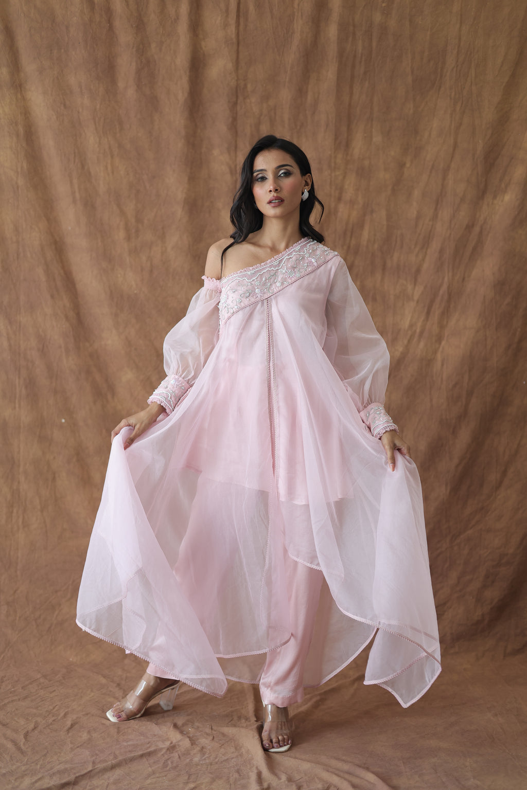 Khwaab One Shoulder Open Cape With Cigaratte Pants