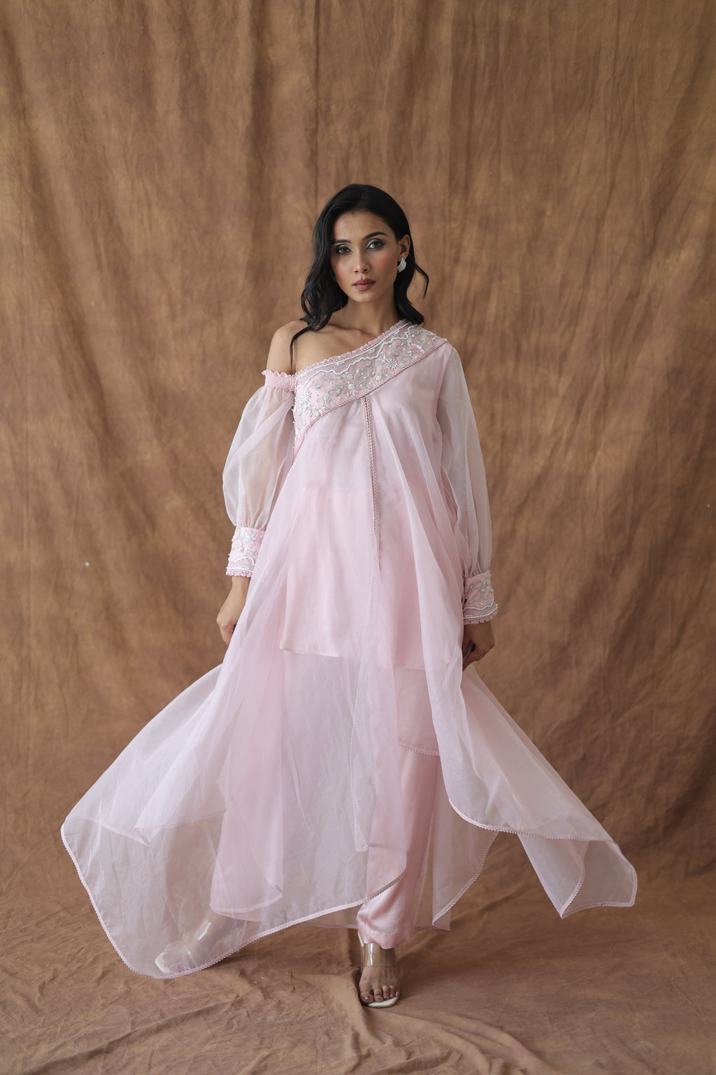 Khwaab One Shoulder Open Cape With Cigaratte Pants