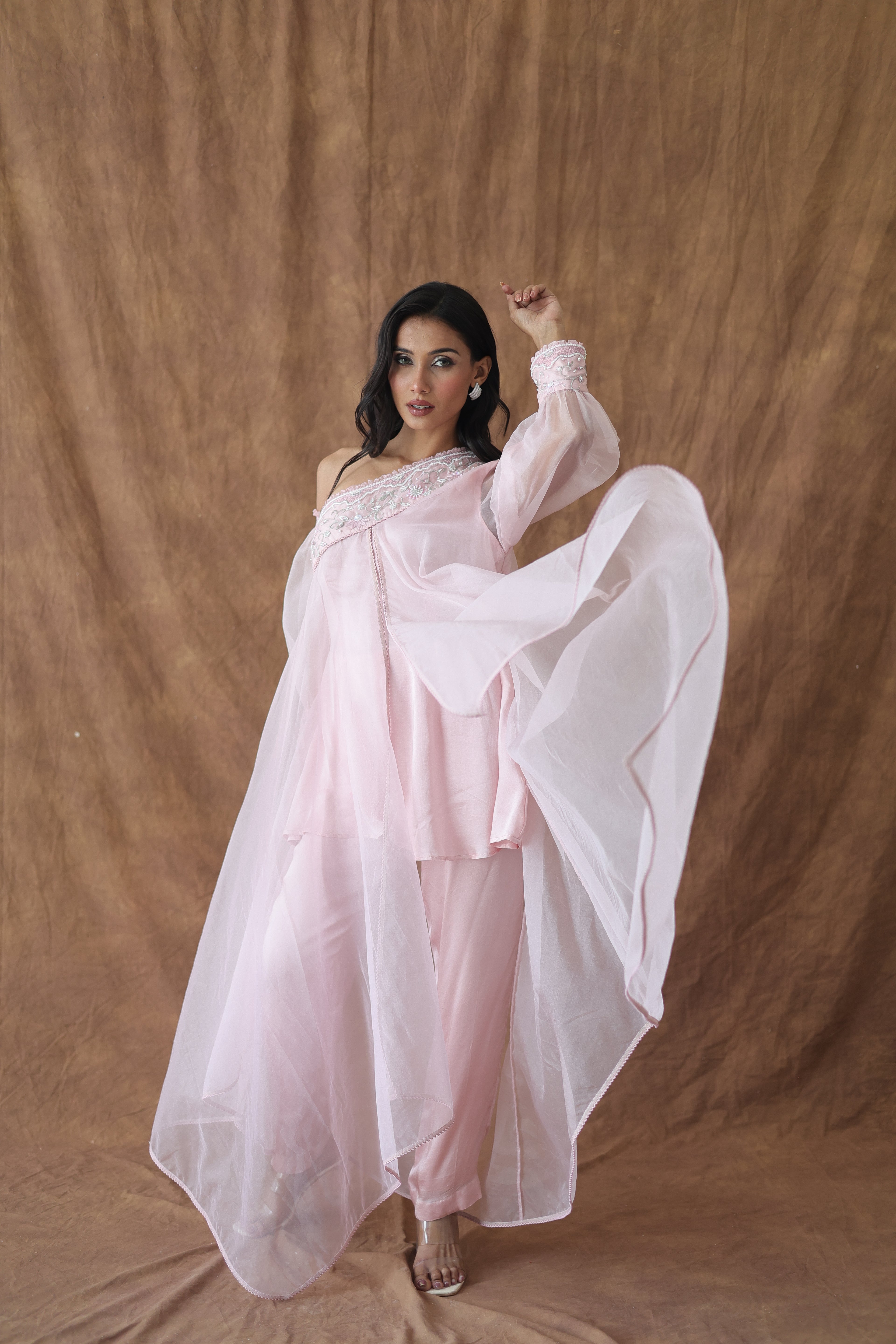 Khwaab One Shoulder Open Cape With Cigaratte Pants