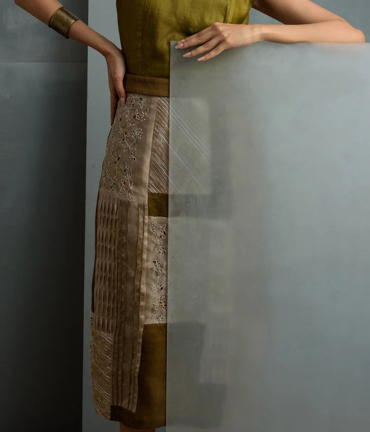 Luna Olive Silk Embroidered Dress