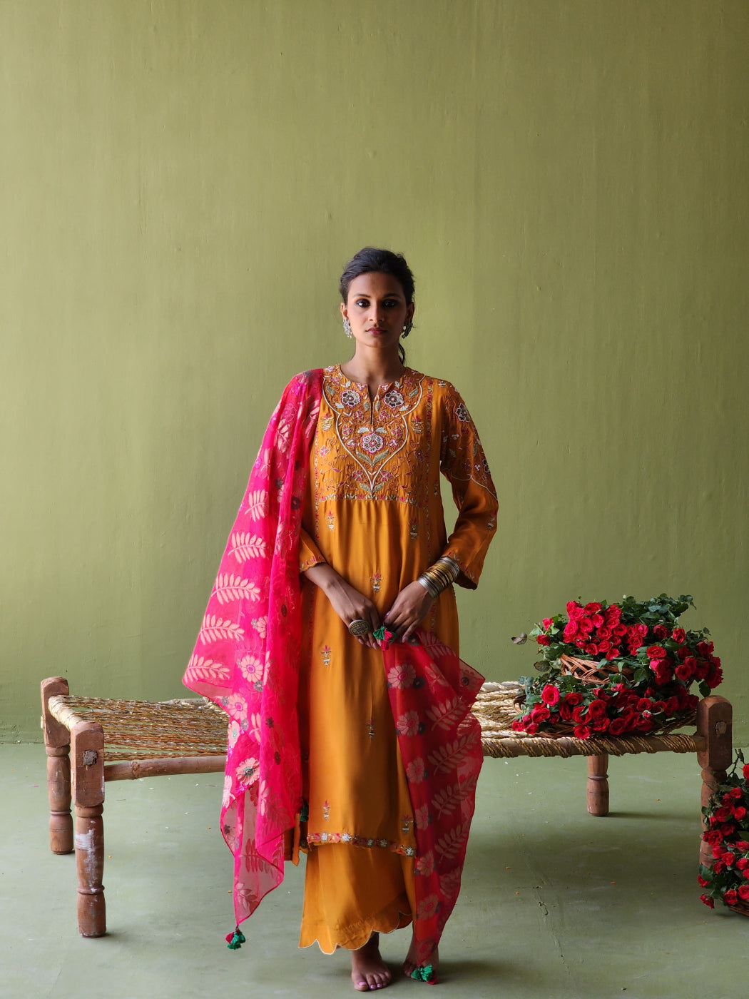 Monotone kurta with Tulip Flared Pants and Banarasi Dupatta Main image