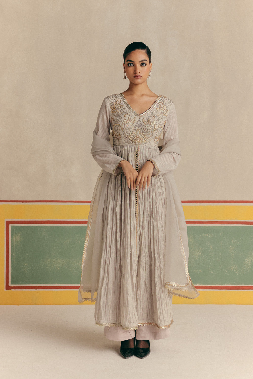 Silver Grey Crush Flare Anarkali Main image