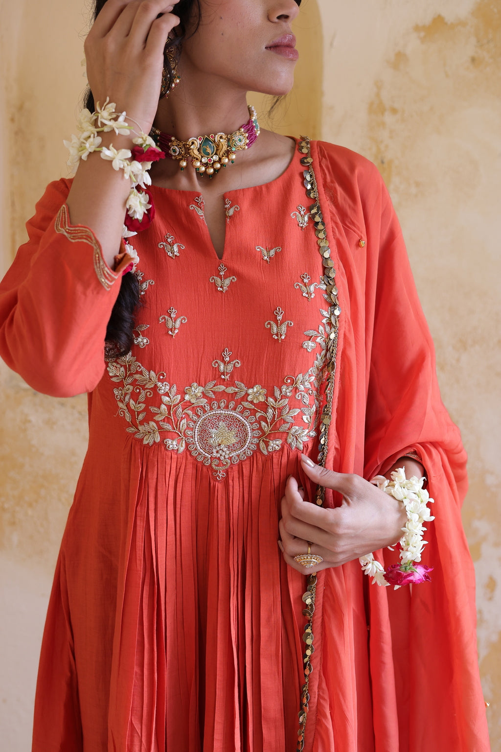 Gulnaar Centre Pleated Kali Kurta With Dupatta