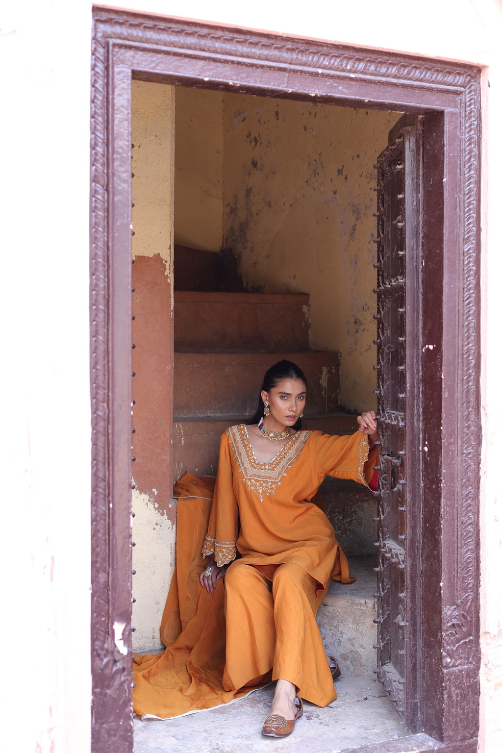 Kesar Glass Neck Kurta -bell Bottom Set