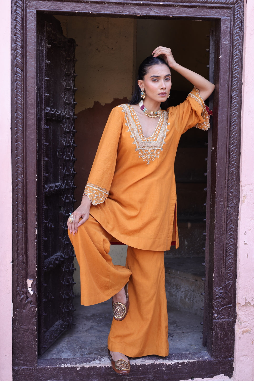 Kesar Glass Neck Kurta -bell Bottom Set
