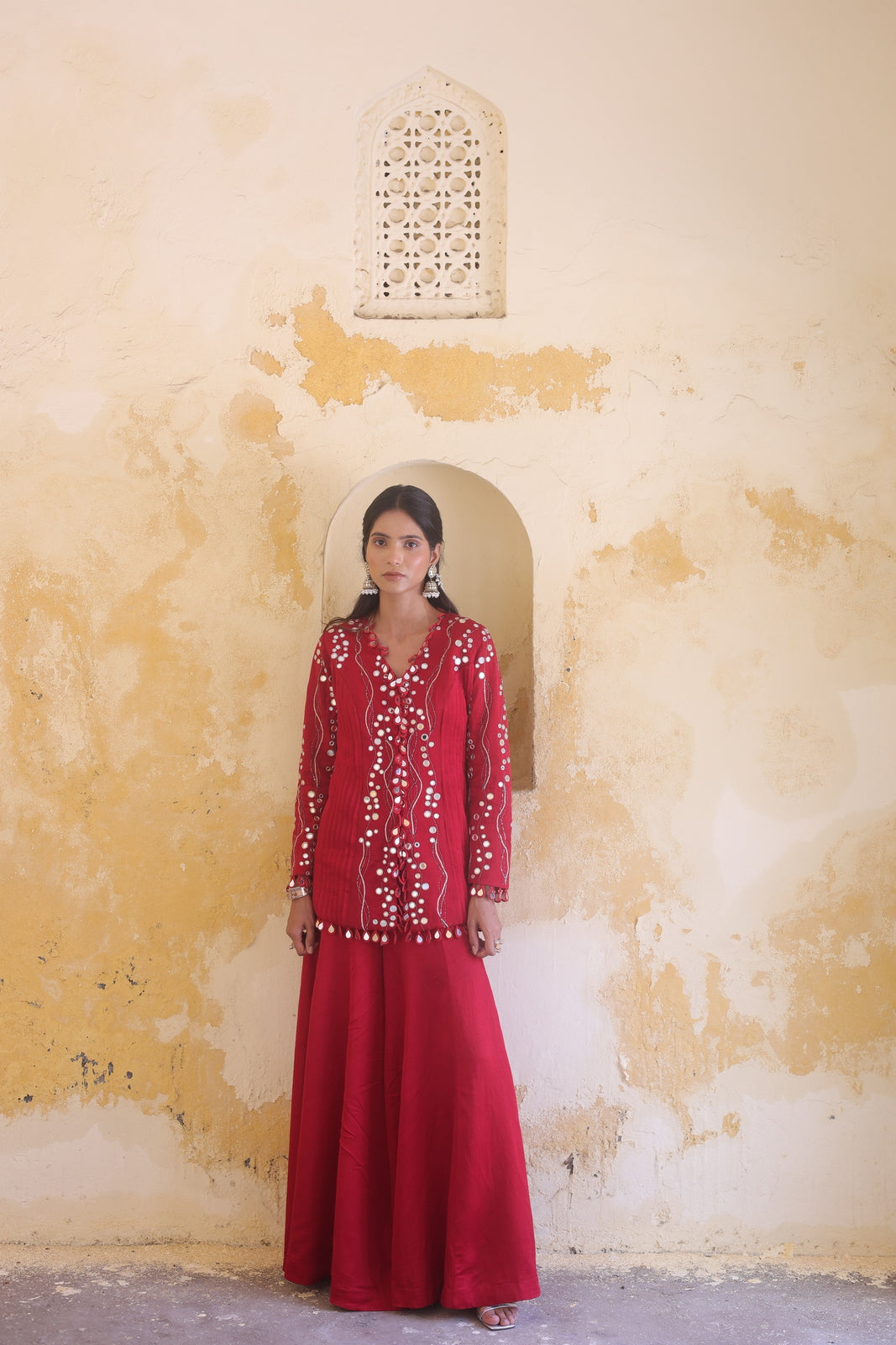 Surkh Princess Pleated Jacket With Kali Palazo