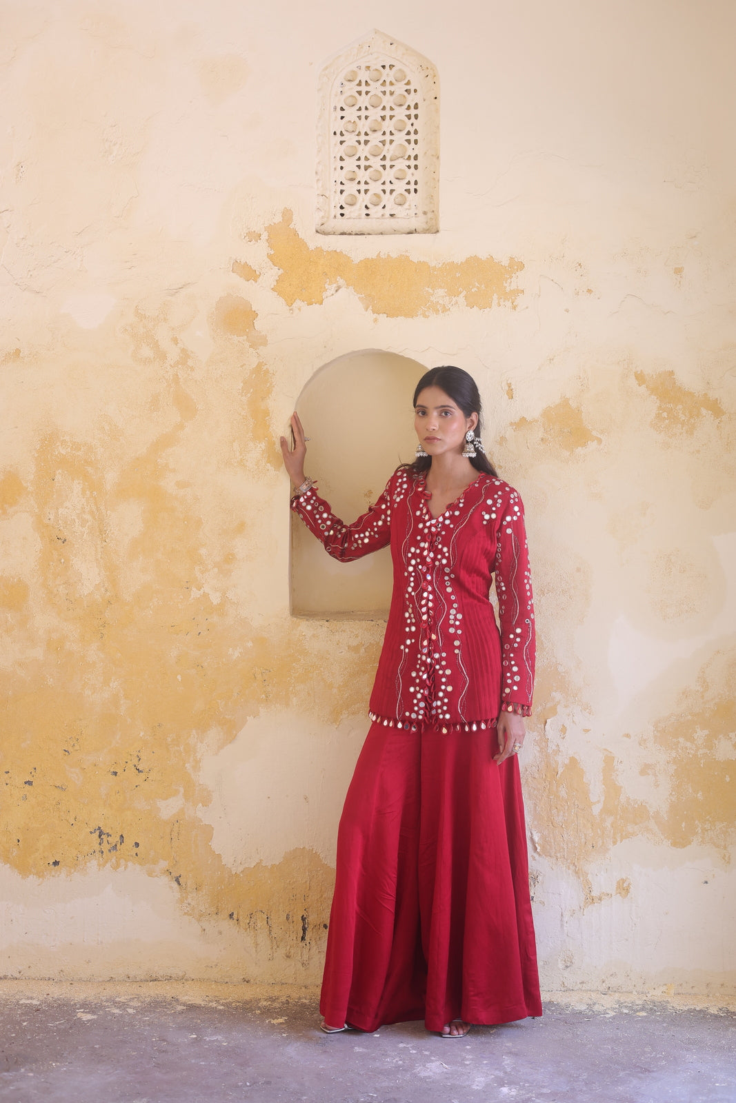 Surkh Princess Pleated Jacket With Kali Palazo