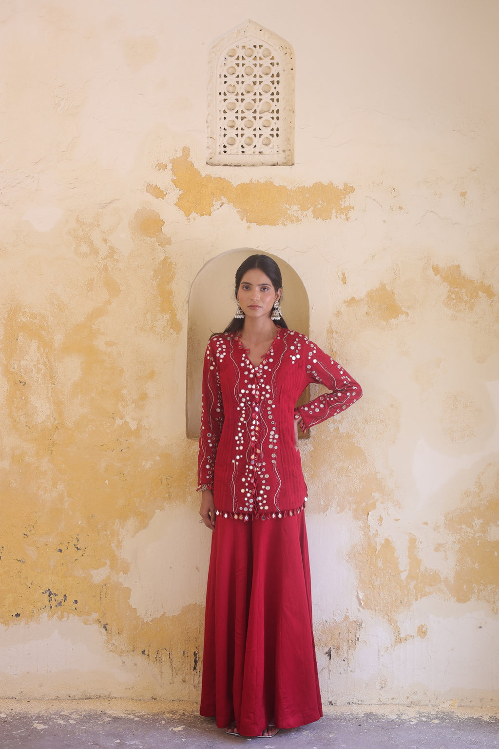 Surkh Princess Pleated Jacket With Kali Palazo