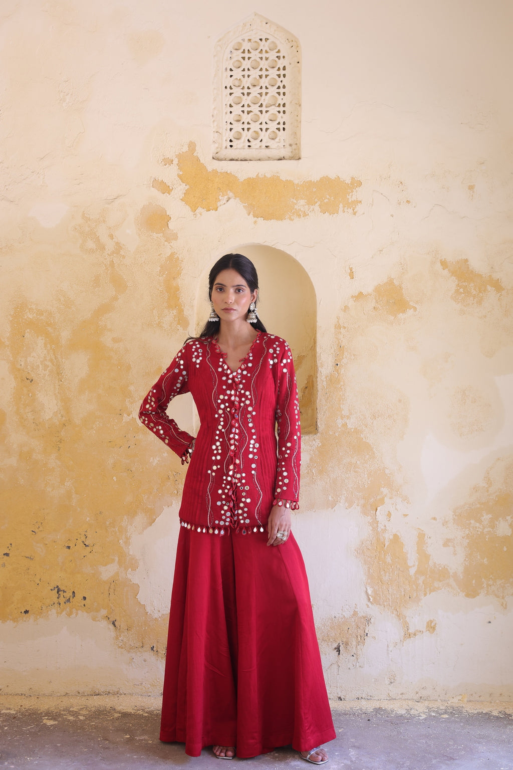 Surkh Princess Pleated Jacket With Kali Palazo