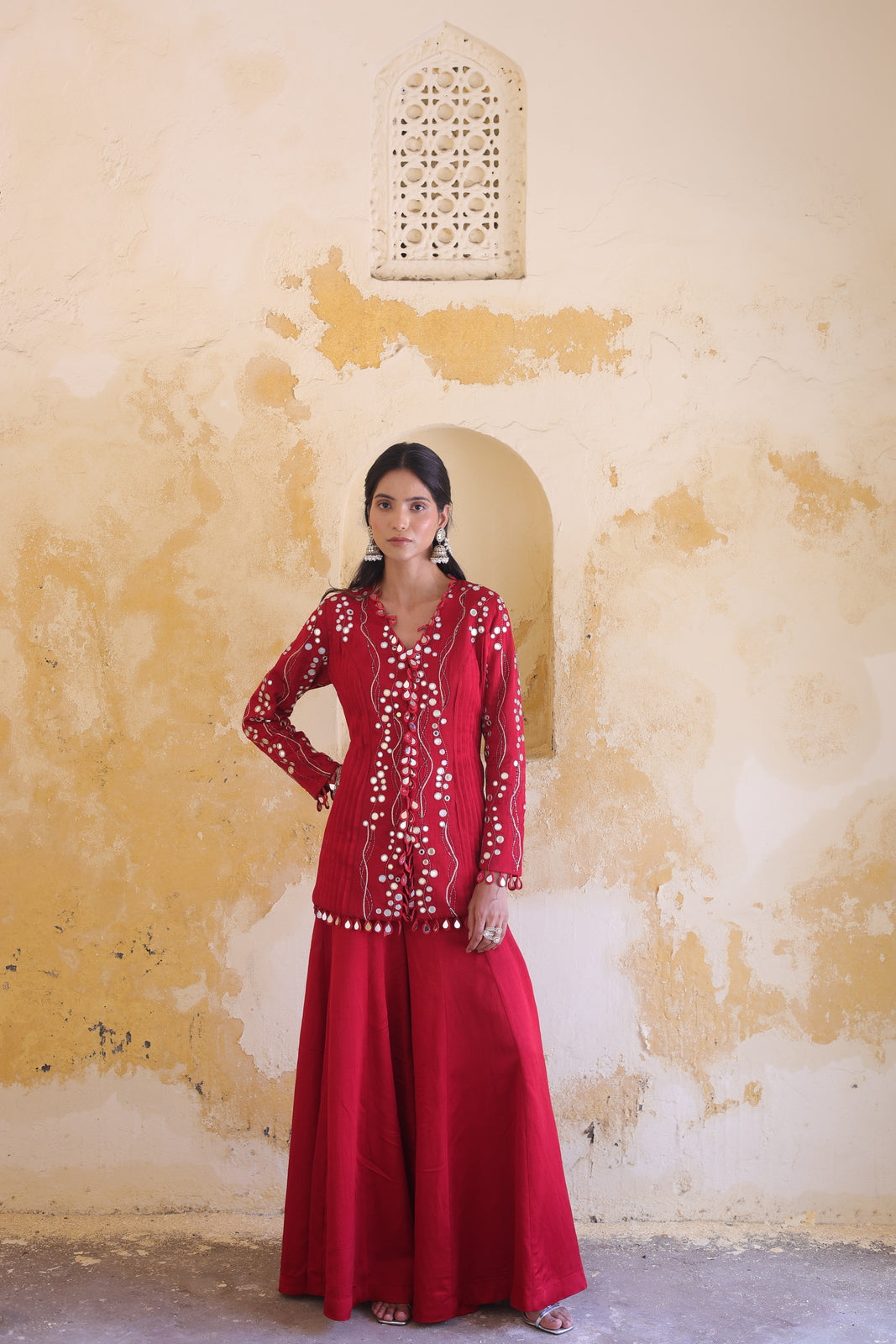 Surkh Princess Pleated Jacket With Kali Palazo