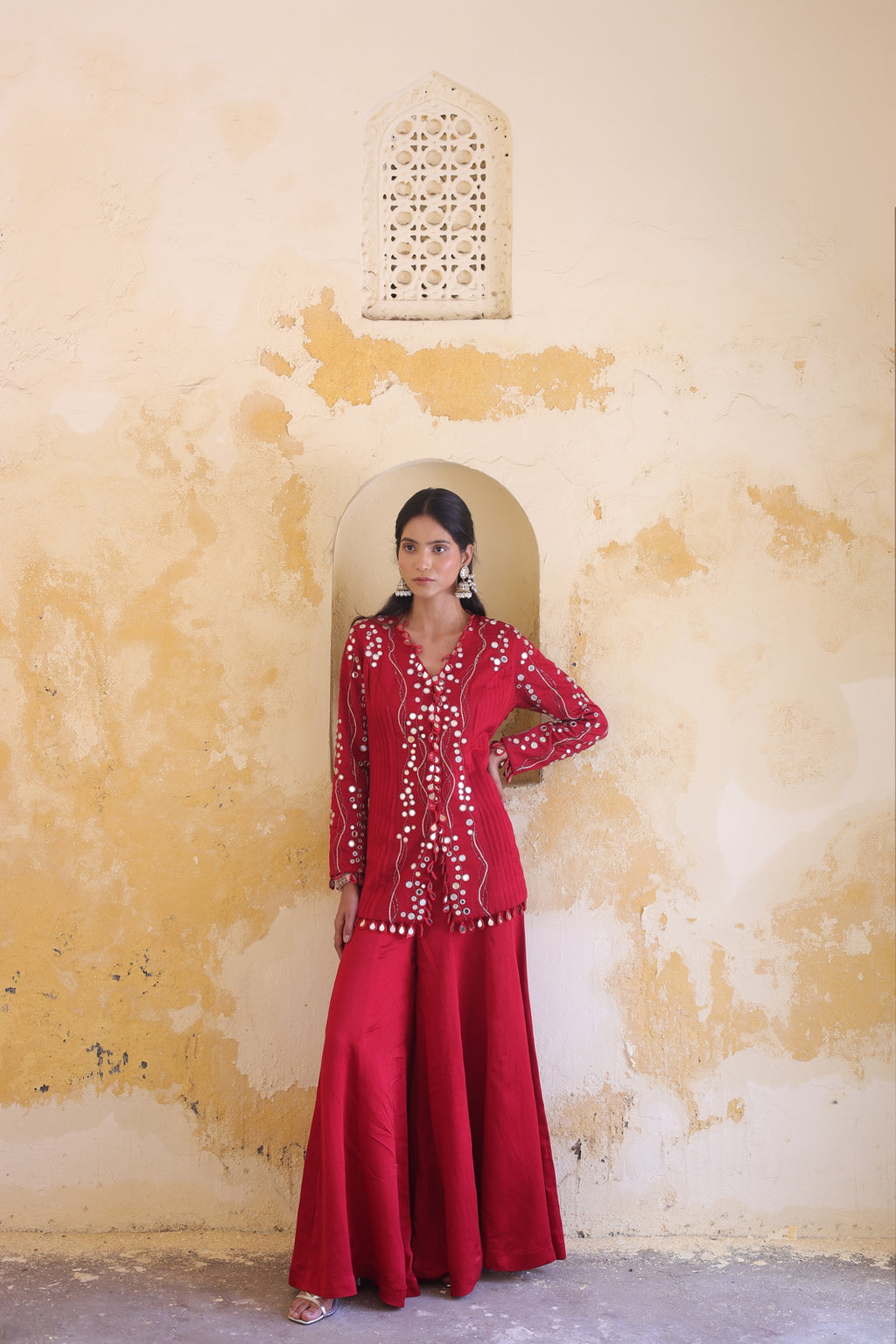 Surkh Princess Pleated Jacket With Kali Palazo