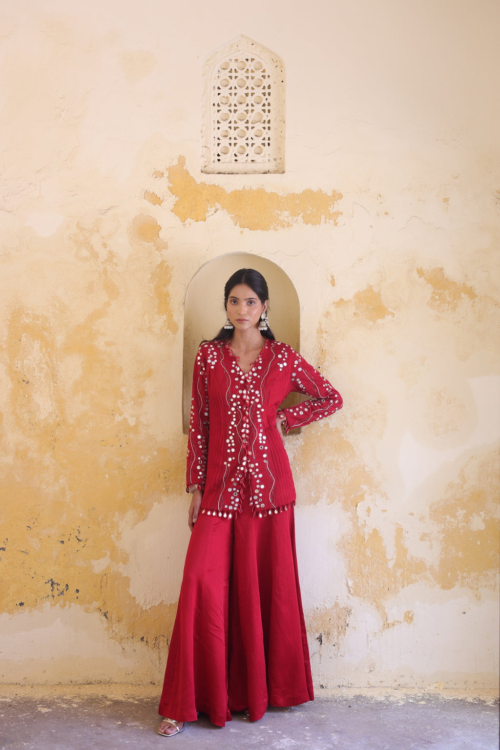 Surkh Princess Pleated Jacket With Kali Palazo