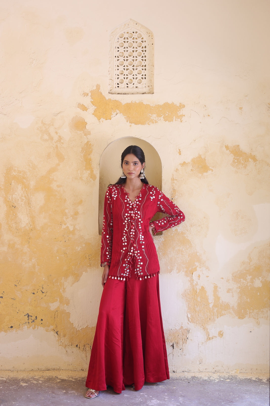 Surkh Princess Pleated Jacket With Kali Palazo