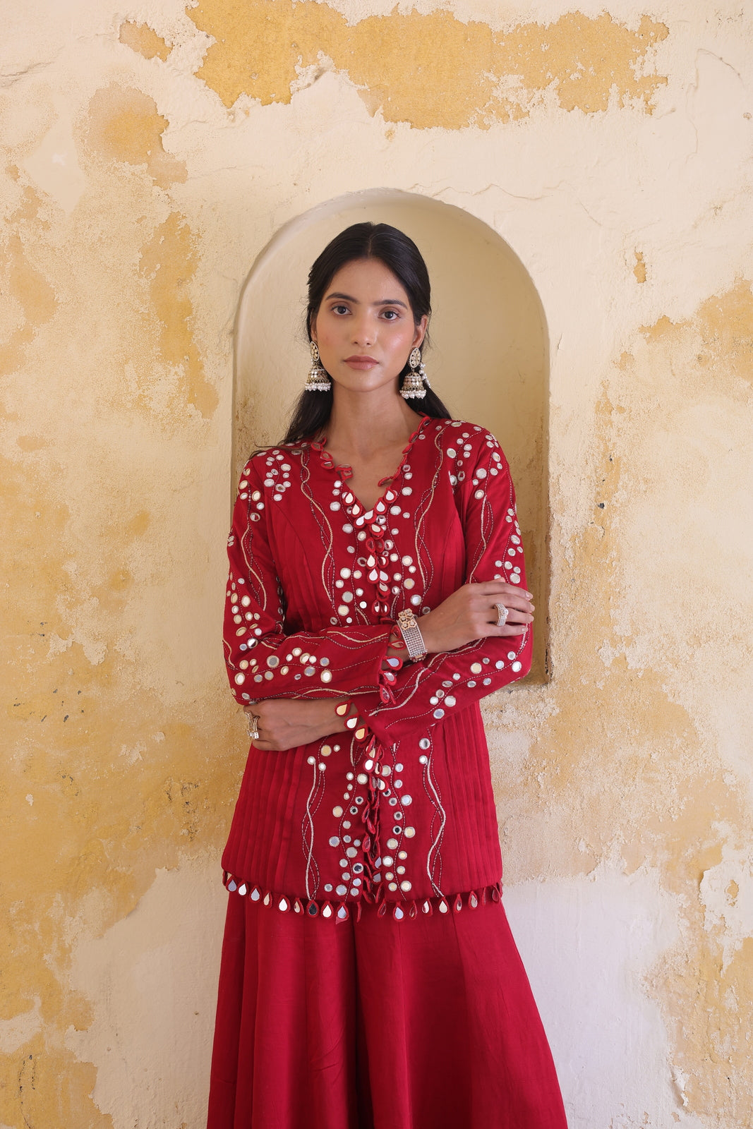 Surkh Princess Pleated Jacket With Kali Palazo