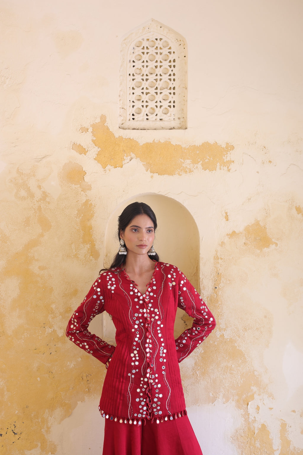 Surkh Princess Pleated Jacket With Kali Palazo