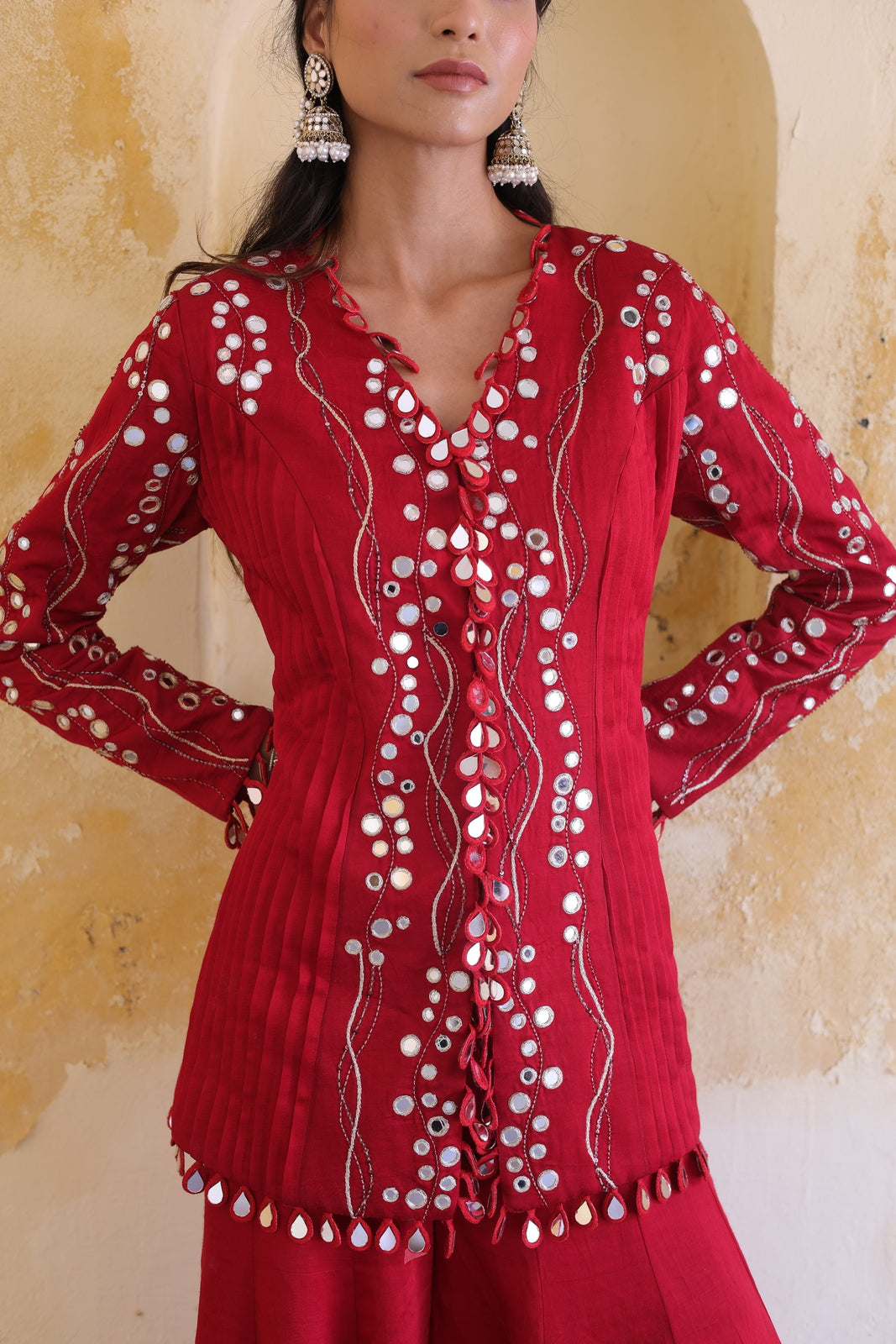 Surkh Princess Pleated Jacket With Kali Palazo