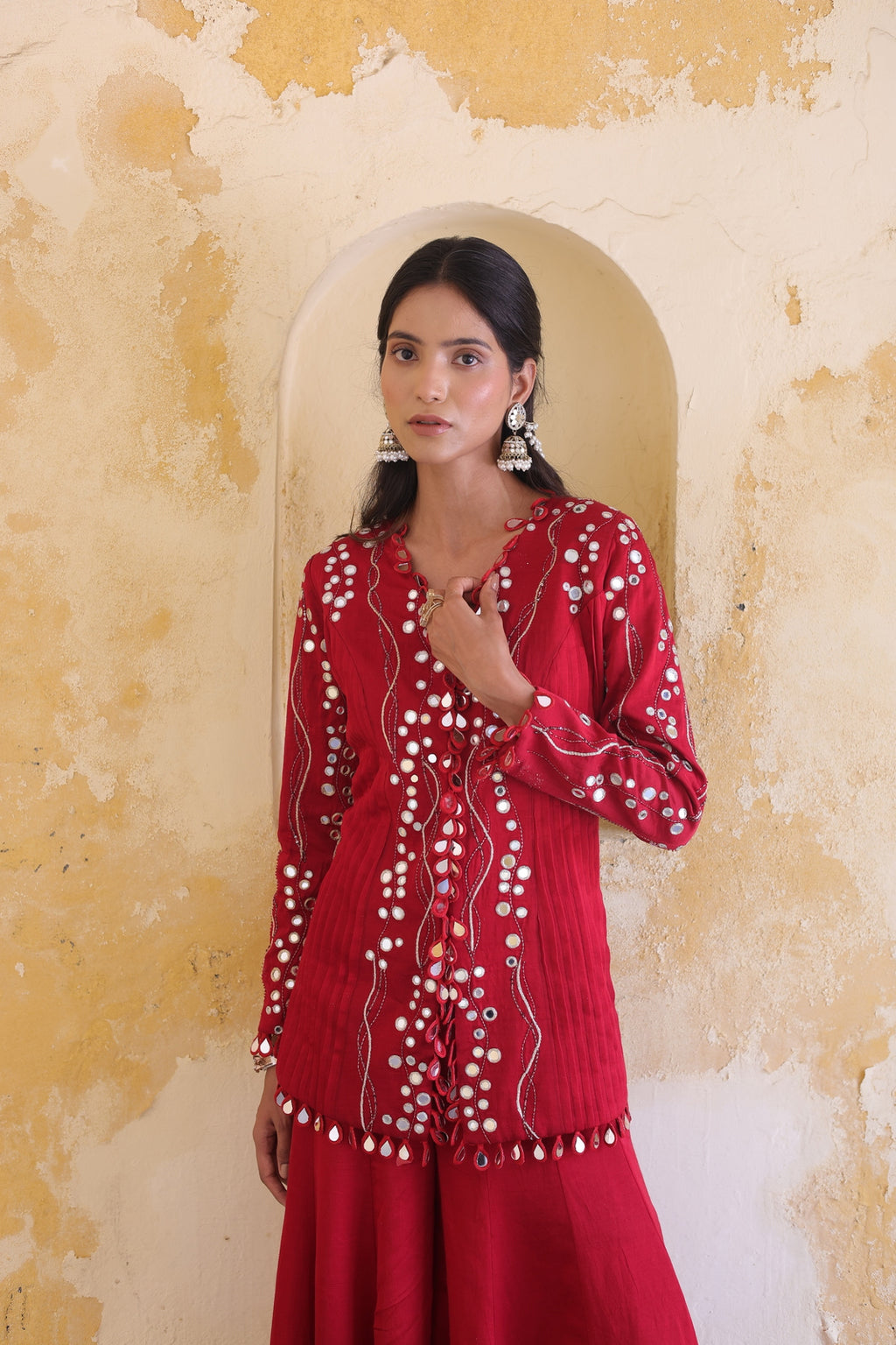 Surkh Princess Pleated Jacket With Kali Palazo