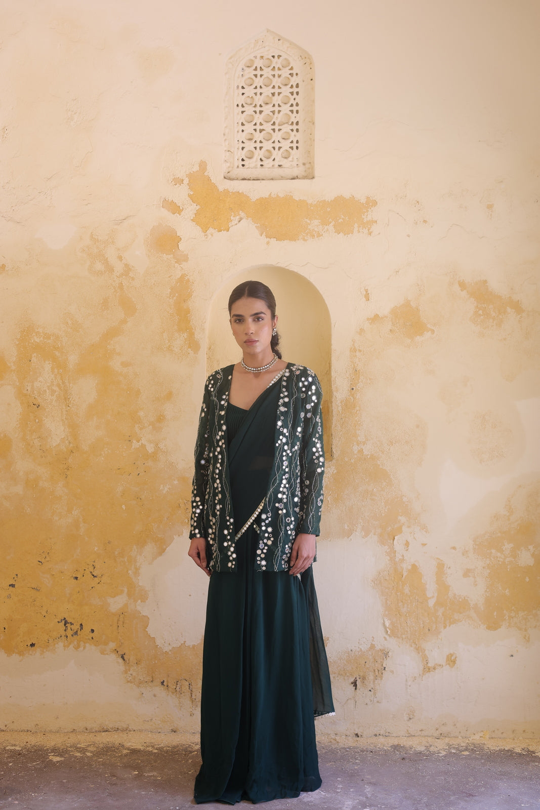 Mira Mirror Jacket With Pleated Bustier And Draped Saree Main image