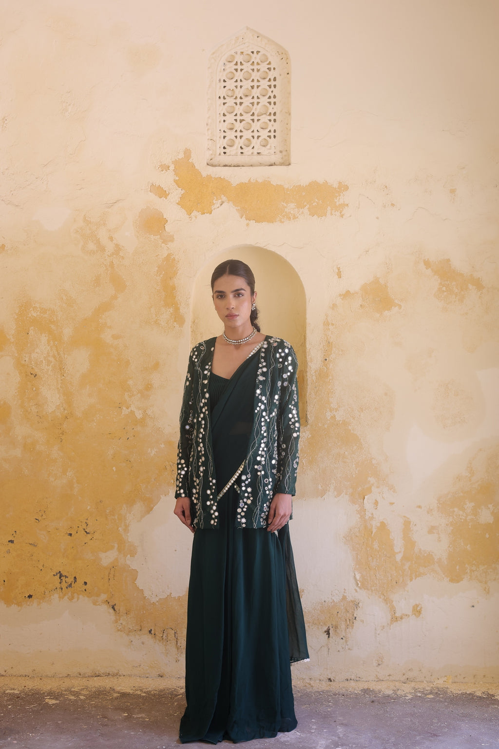 Mira Mirror Jacket With Pleated Bustier And Draped Saree