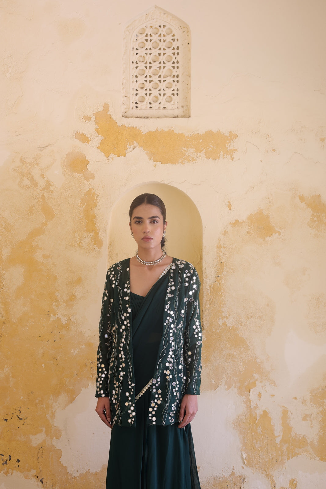 Mira Mirror Jacket With Pleated Bustier And Draped Saree