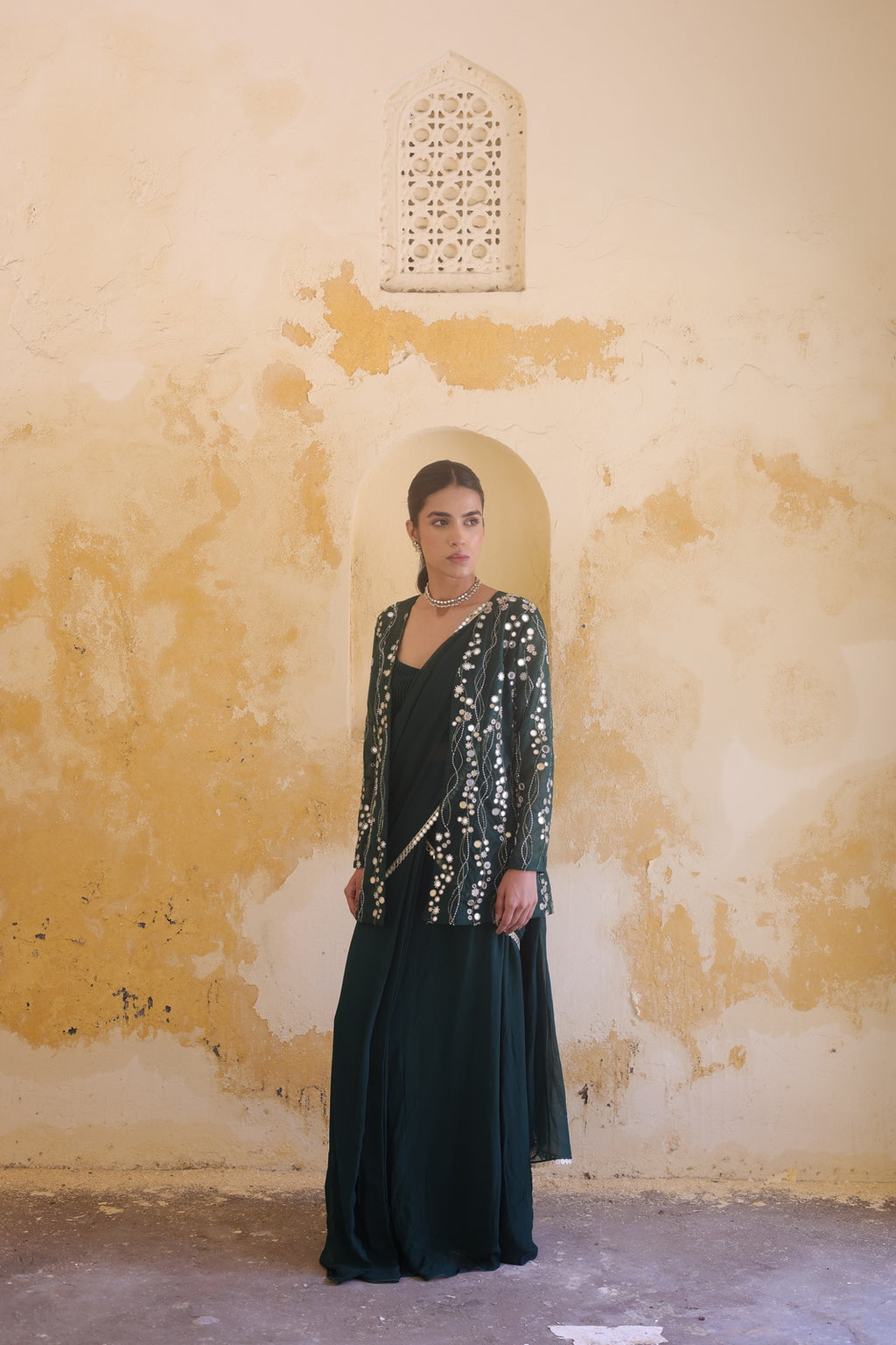 Mira Mirror Jacket With Pleated Bustier And Draped Saree