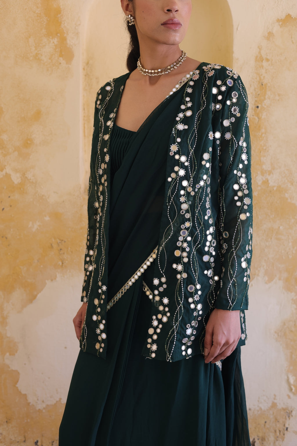 Mira Mirror Jacket With Pleated Bustier And Draped Saree