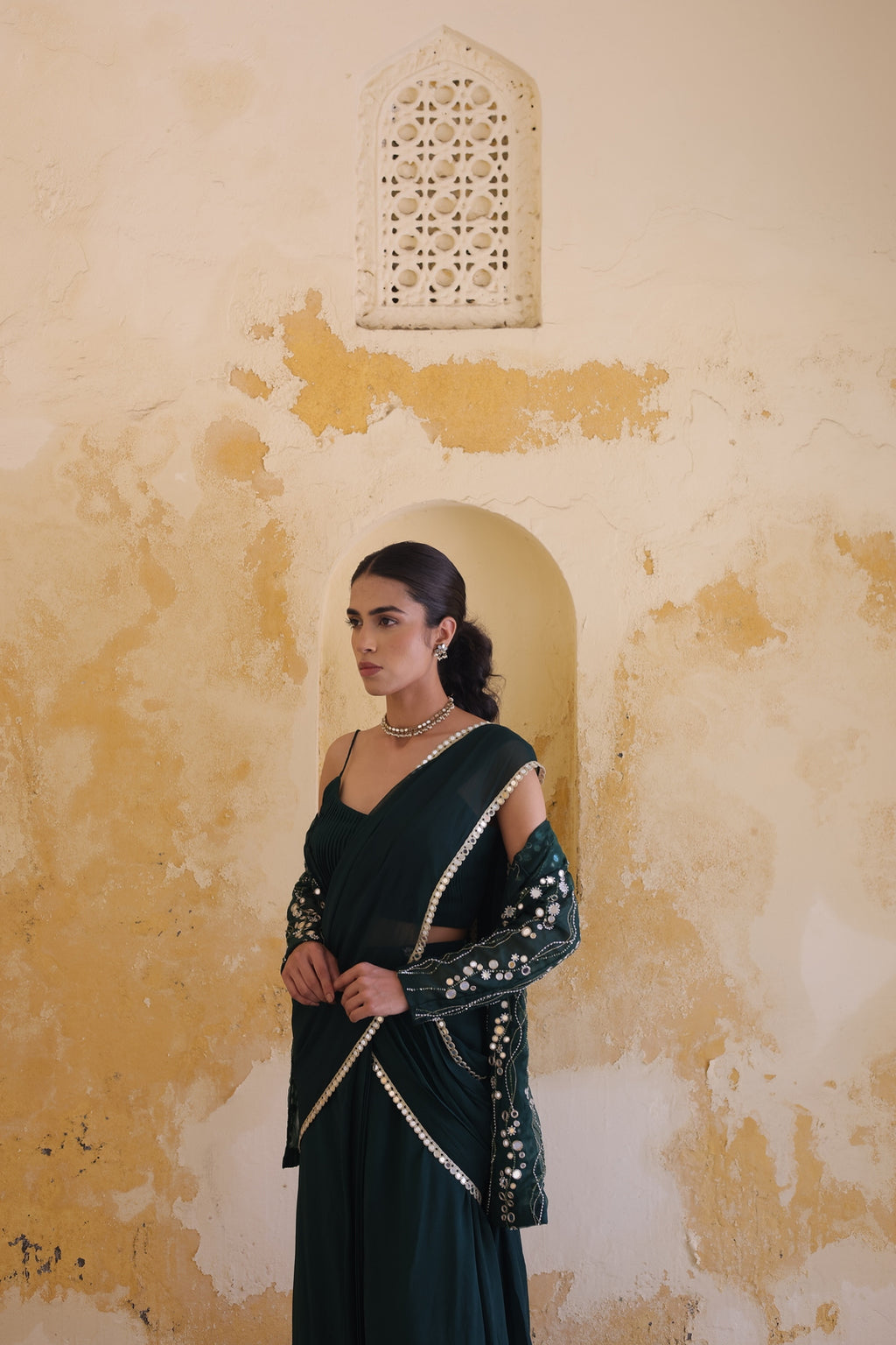 Mira Mirror Jacket With Pleated Bustier And Draped Saree