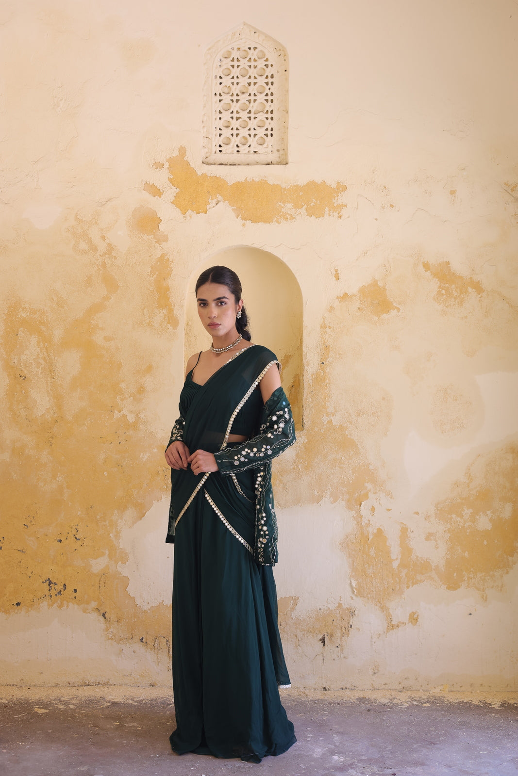 Mira Mirror Jacket With Pleated Bustier And Draped Saree