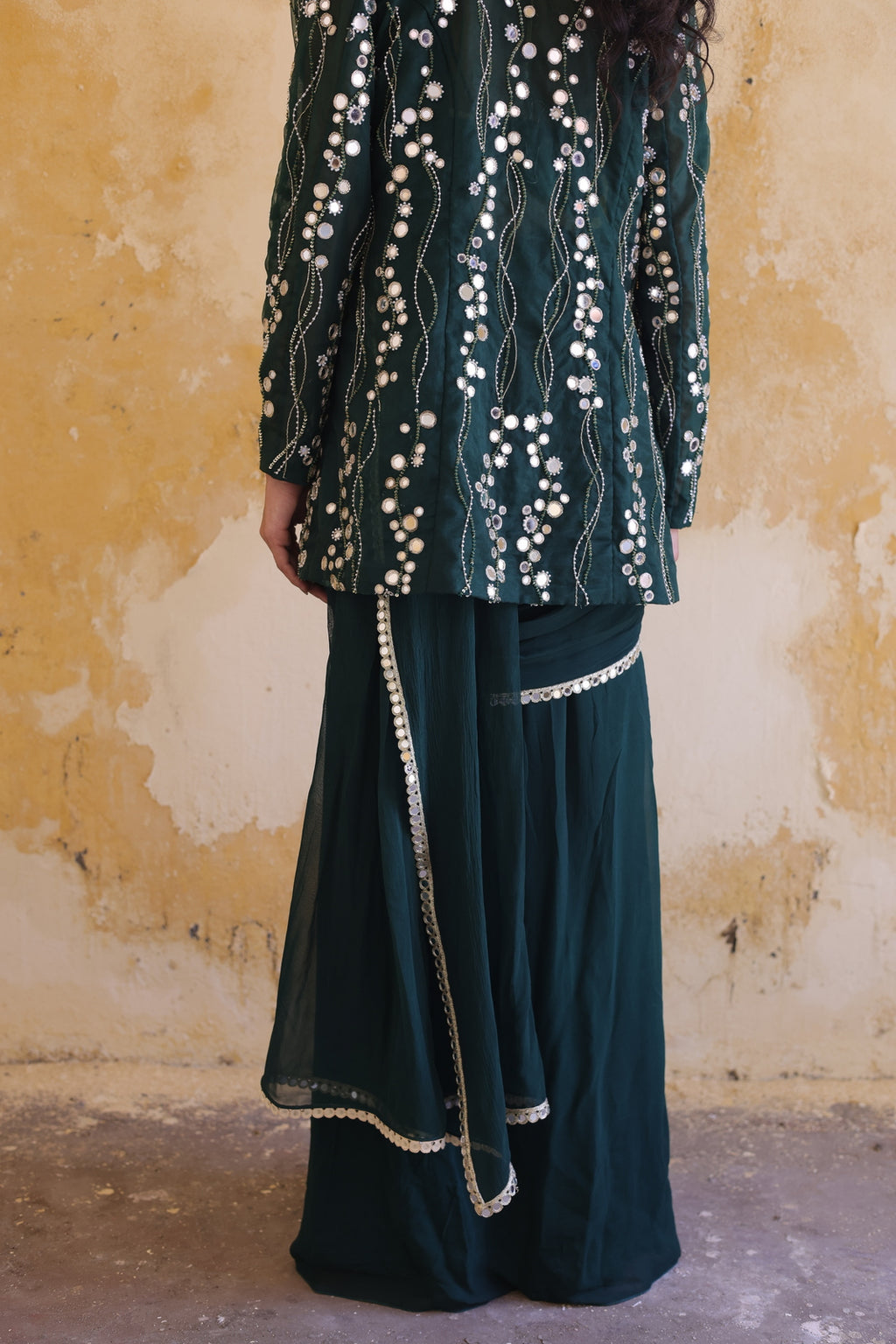 Mira Mirror Jacket With Pleated Bustier And Draped Saree