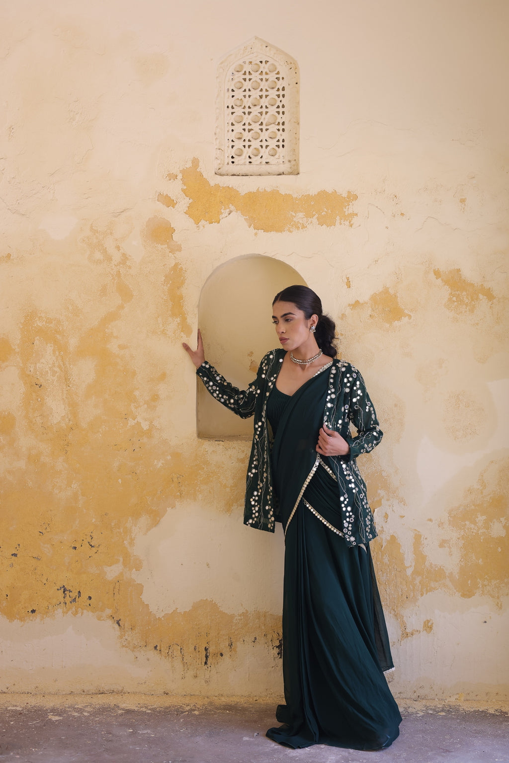 Mira Mirror Jacket With Pleated Bustier And Draped Saree