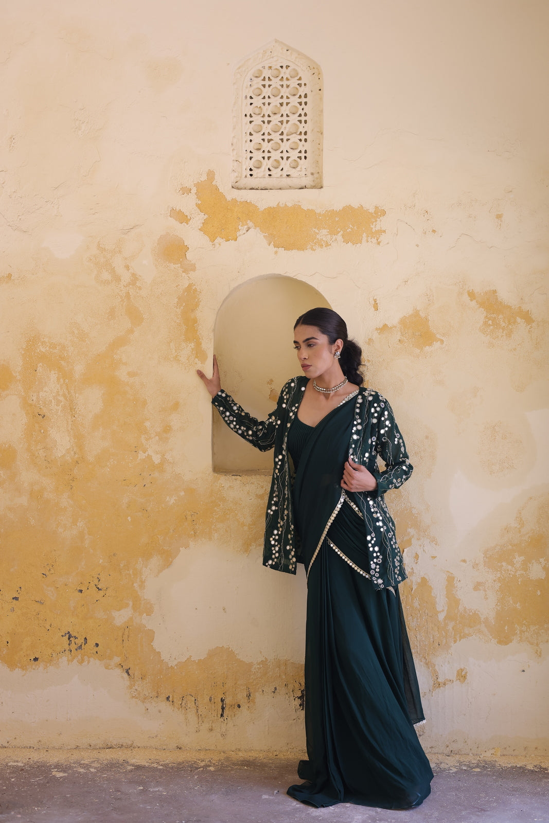 Mira Mirror Jacket With Pleated Bustier And Draped Saree