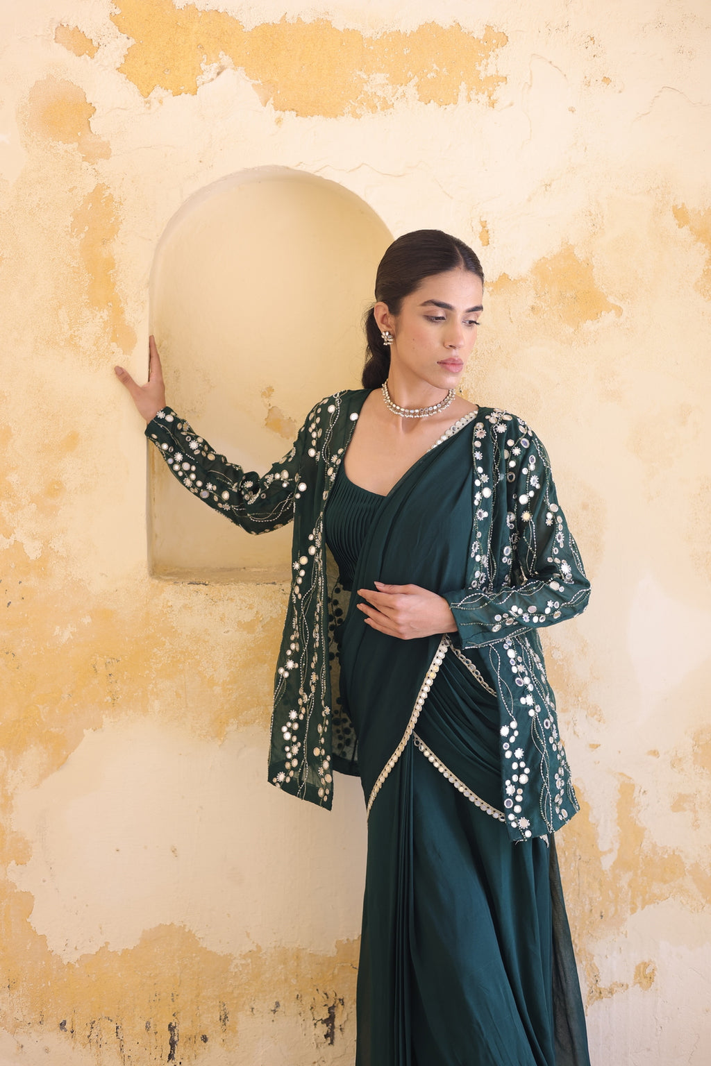 Mira Mirror Jacket With Pleated Bustier And Draped Saree