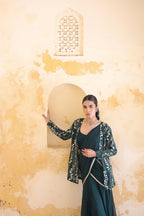 Mira Mirror Jacket With Pleated Bustier And Draped Saree