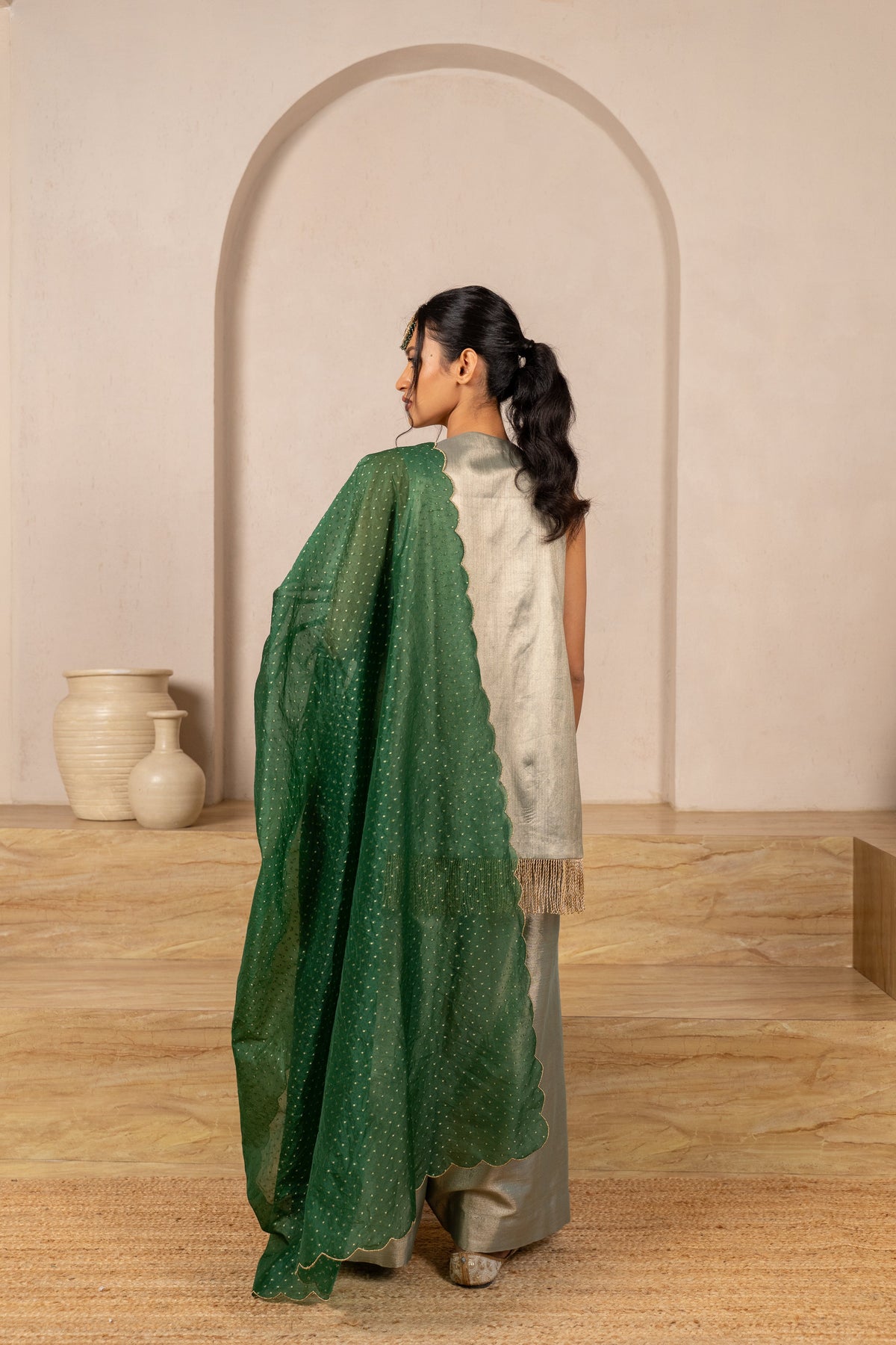 Green Chamak Sleeveless Twill Kurta Set