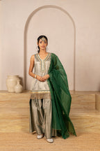 Green Chamak Sleeveless Twill Kurta Set