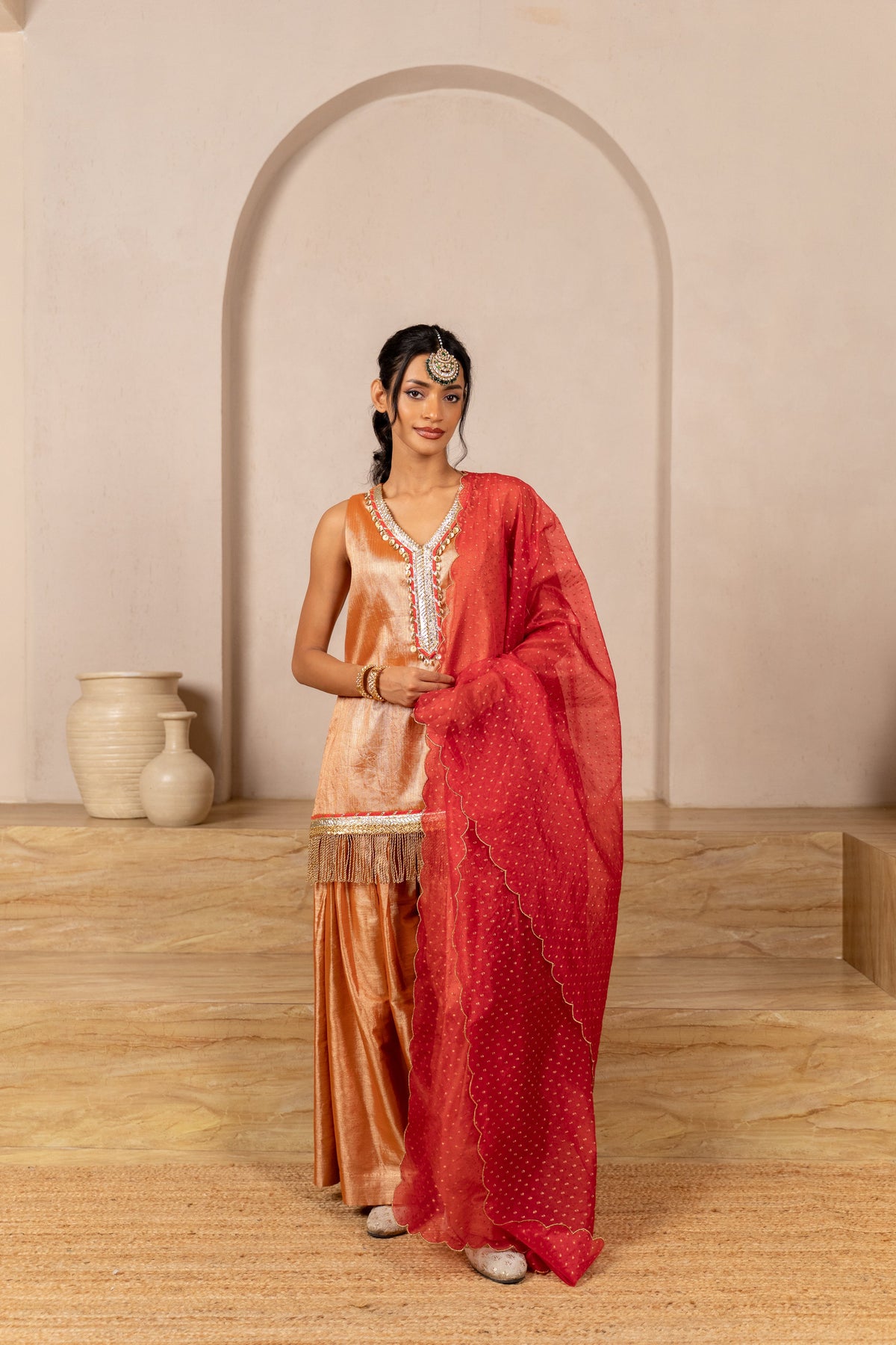 Rust Chamak Sleeveless Twill Kurta Set Main image