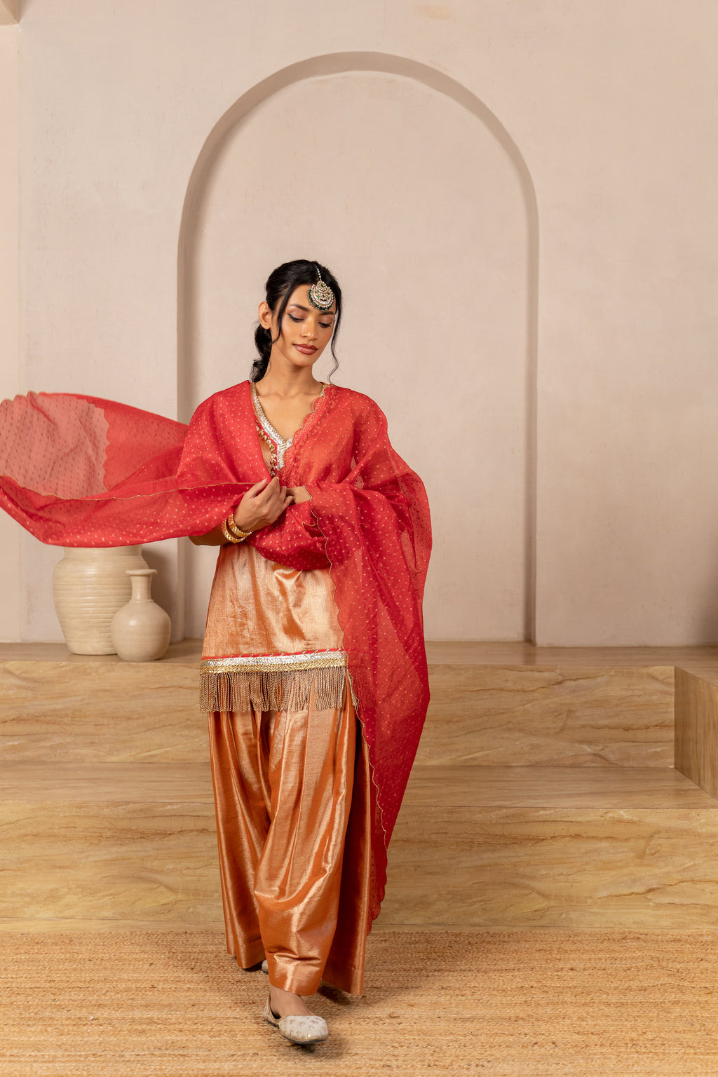 Rust Chamak Sleeveless Twill Kurta Set