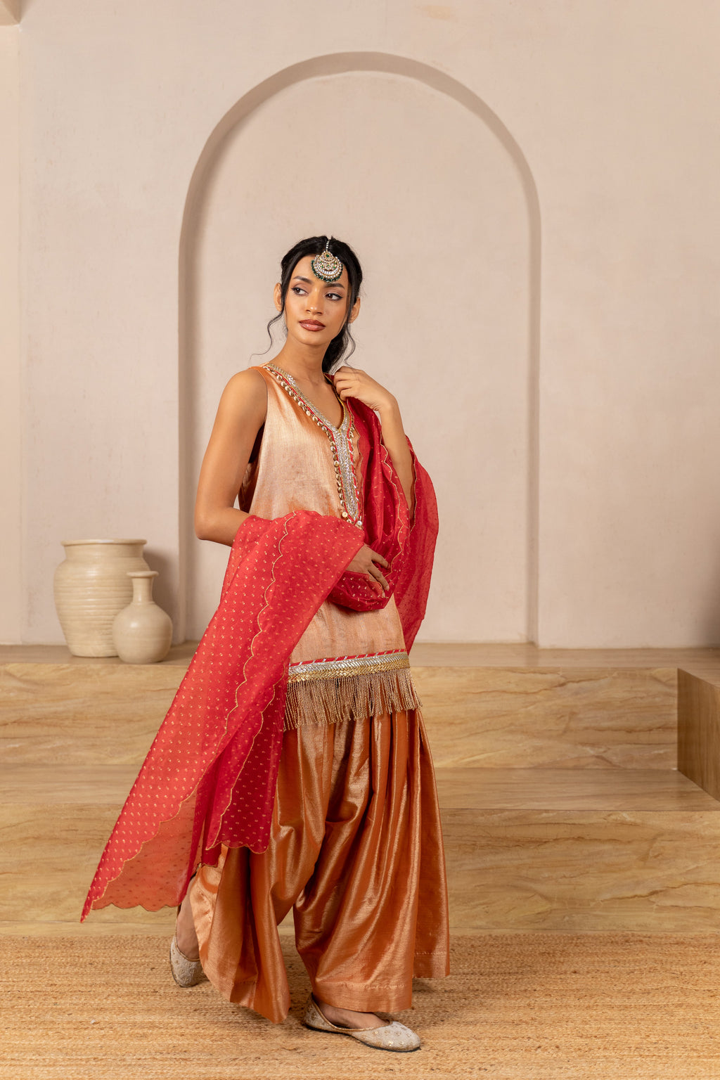 Rust Chamak Sleeveless Twill Kurta Set