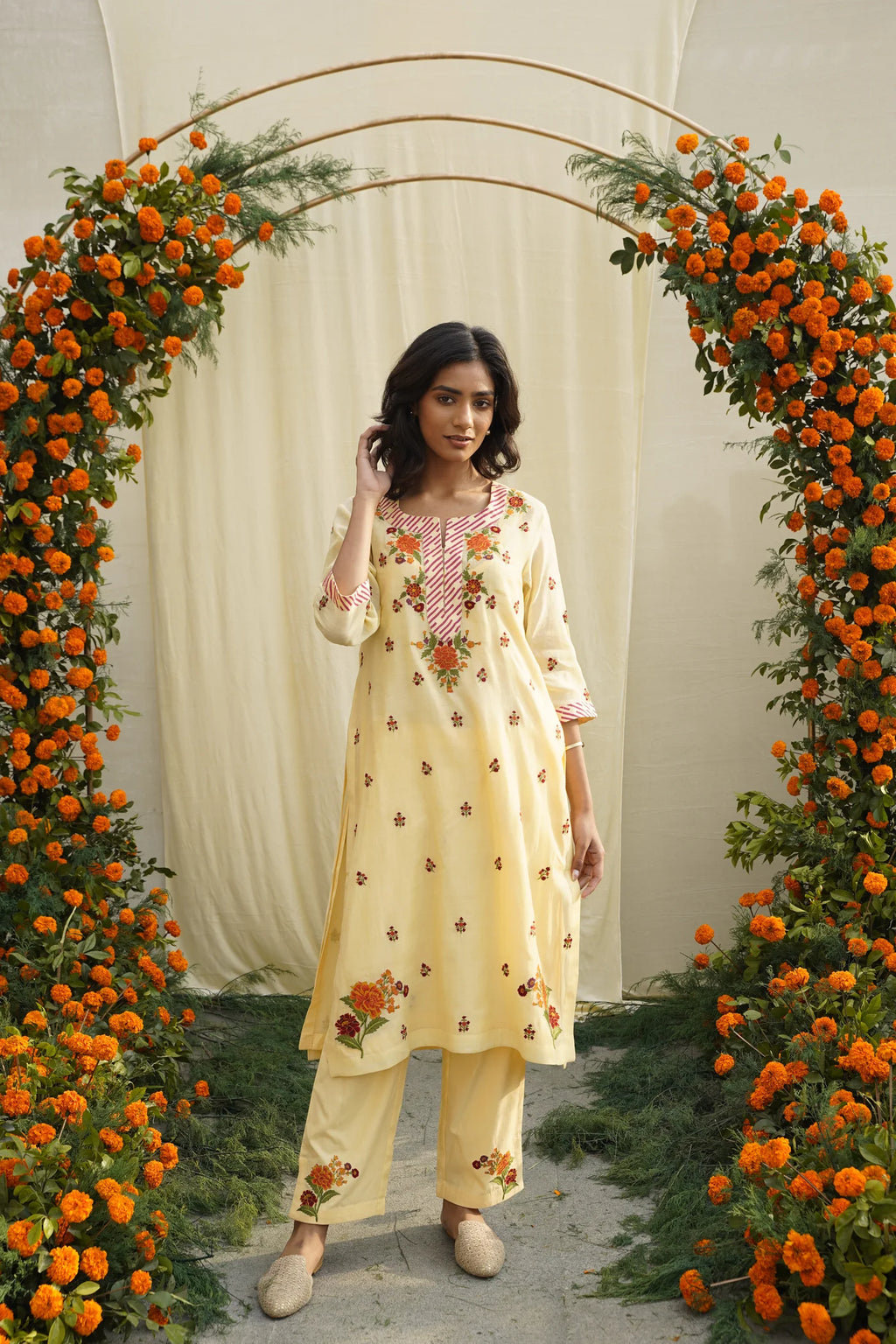Yellow Floral Embroidered Kurta Set