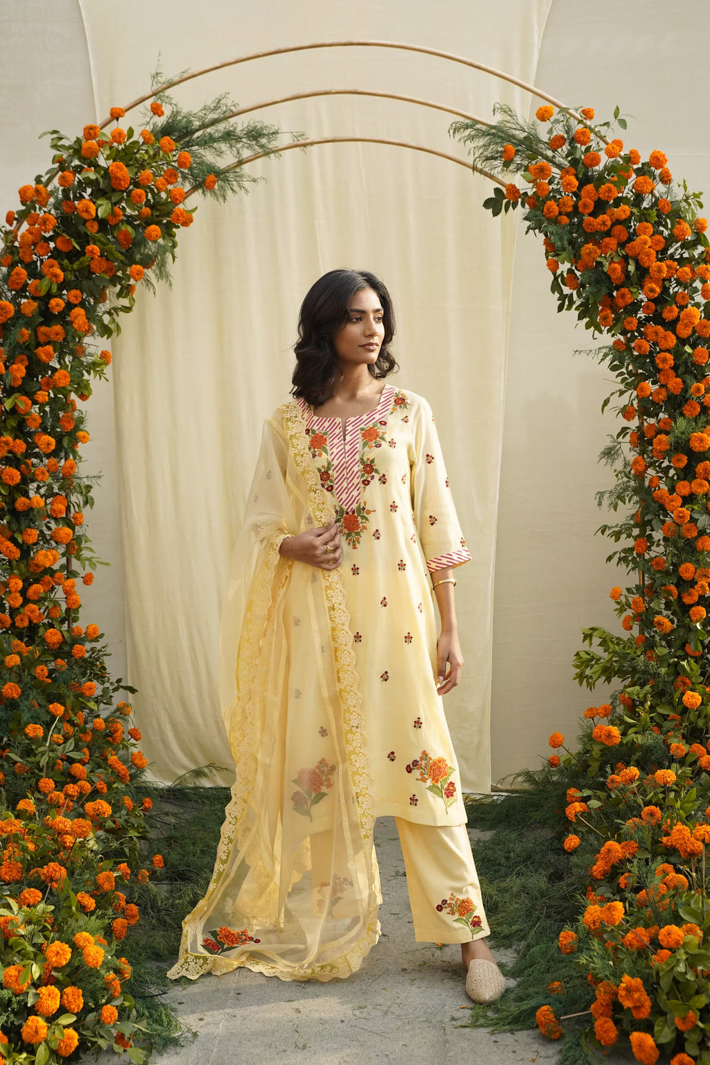 Yellow Floral Embroidered Kurta Set