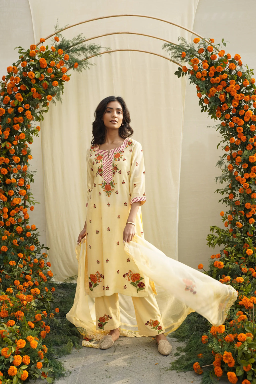 Yellow Floral Embroidered Kurta Set